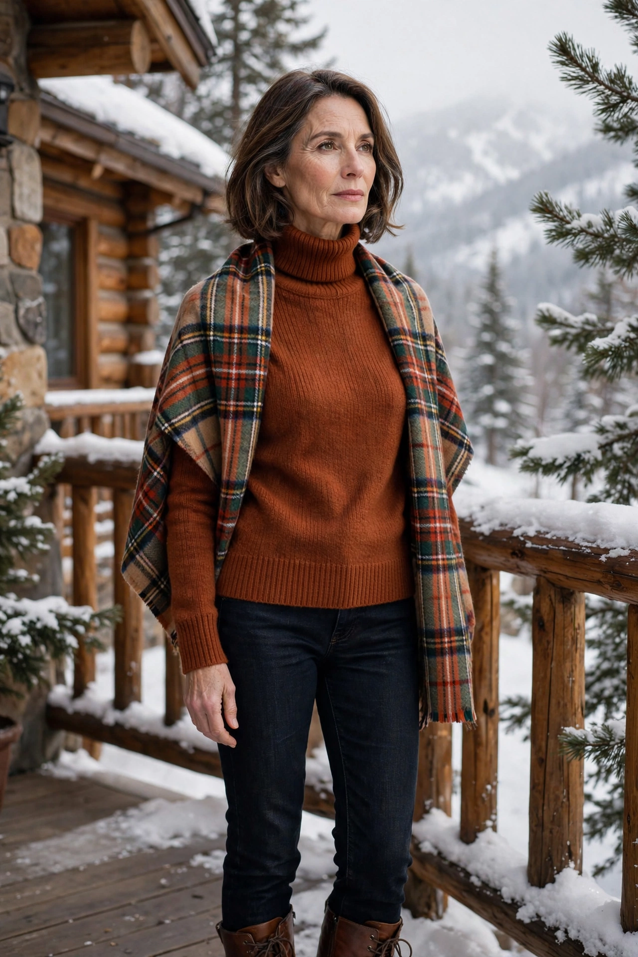 Woman over 50 wearing a rust turtleneck with a plaid blanket scarf and jeans