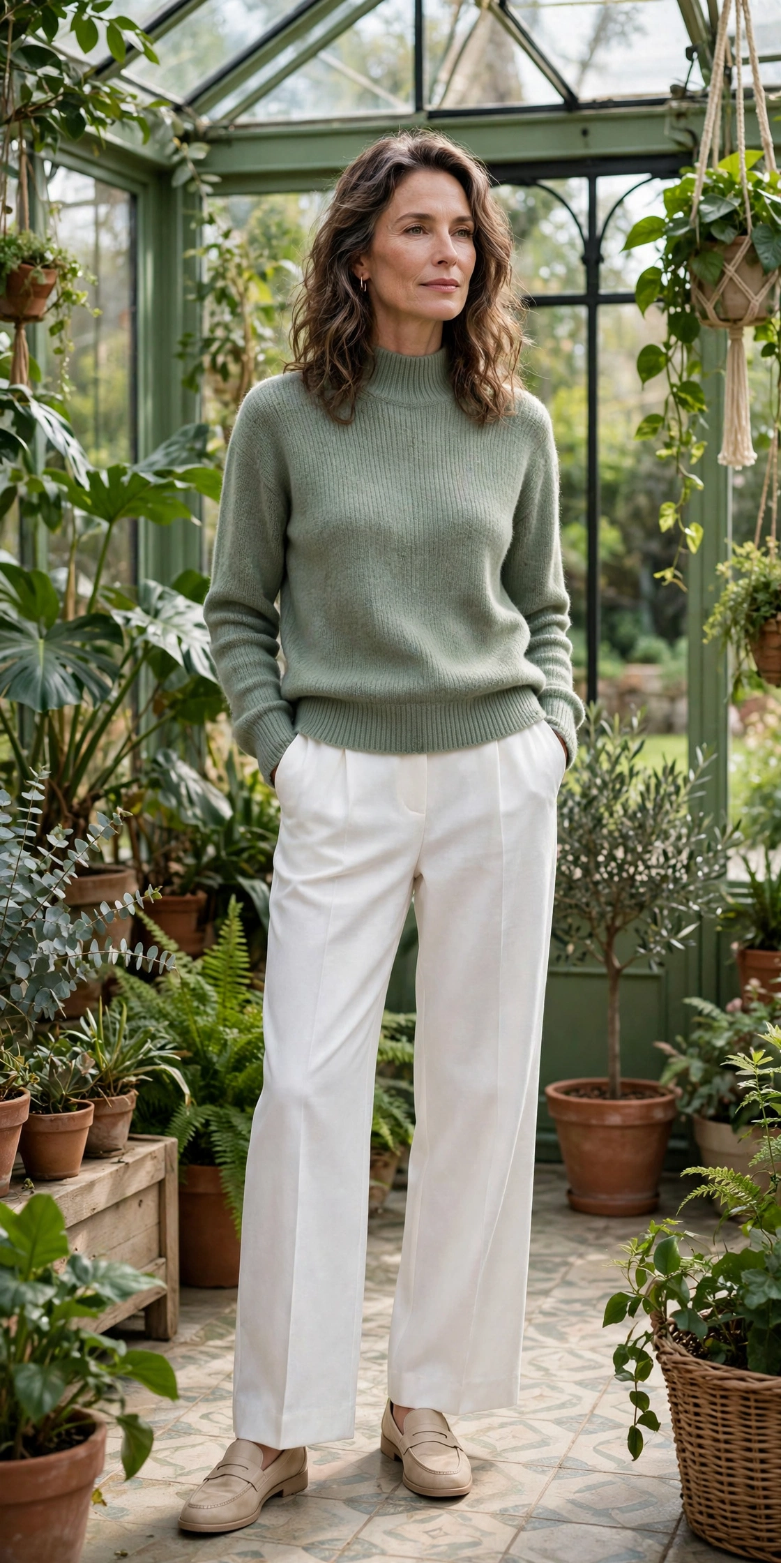 Woman over 50 in a sage green mock-neck sweater with white wide-leg trousers