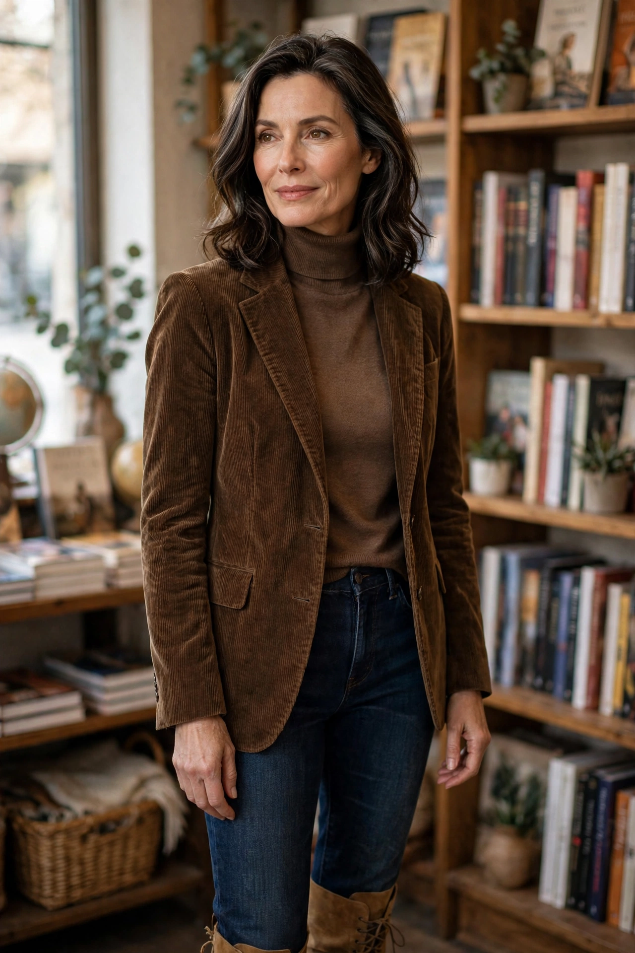 Woman over 50 wearing a brown turtleneck under a brown corduroy blazer