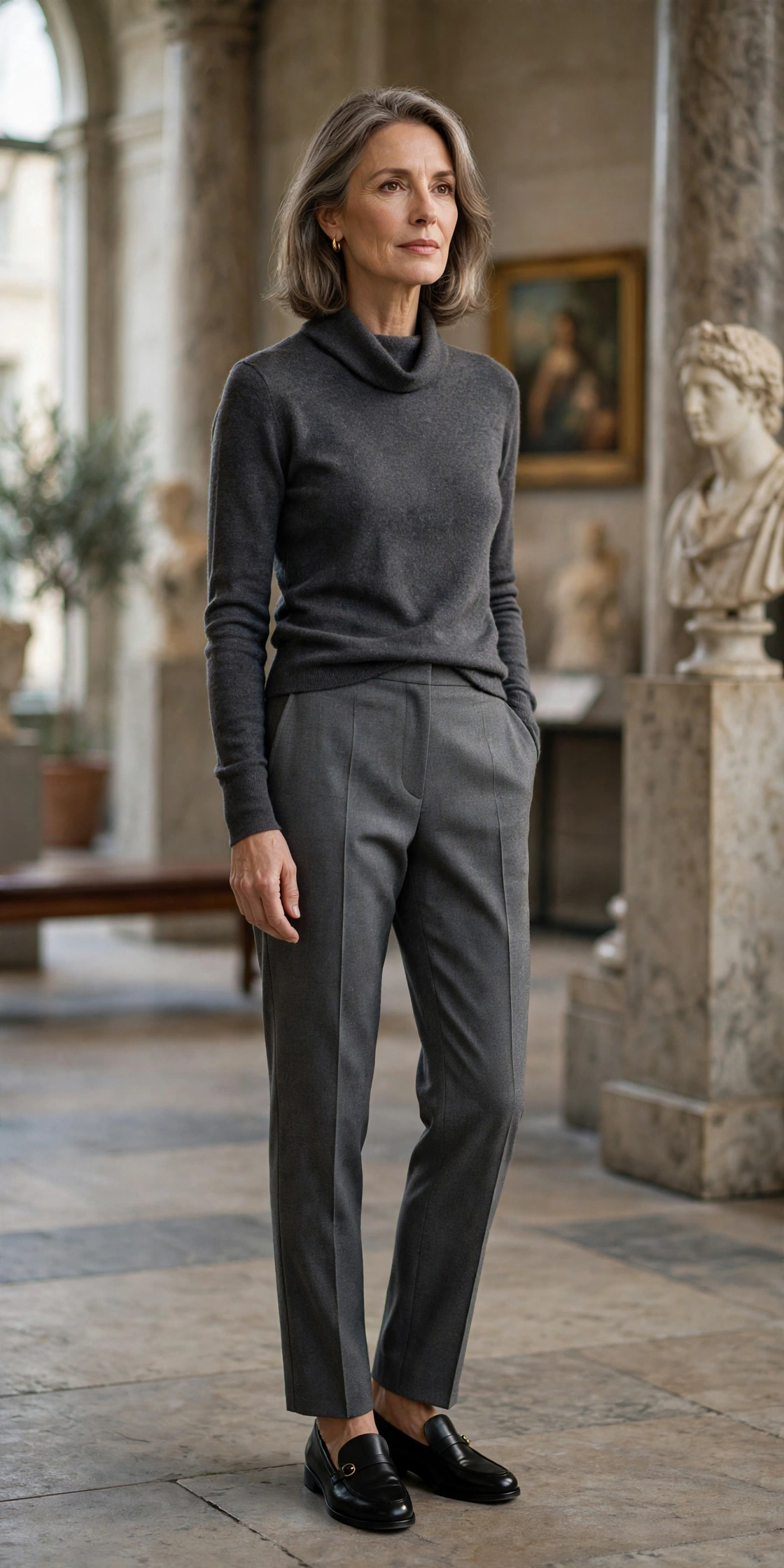 Woman over 50 in a charcoal turtleneck with the collar folded down, gray trousers