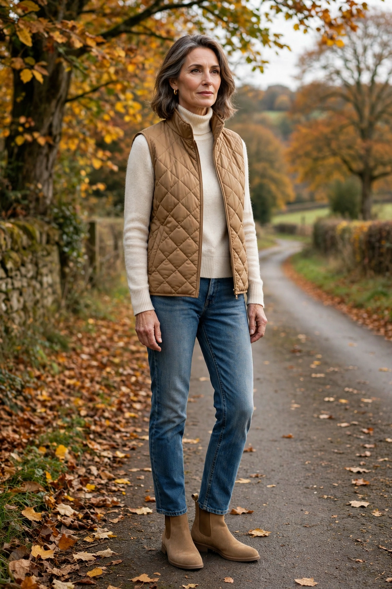 Woman over 50 wearing a cream turtleneck under a camel quilted vest with jeans