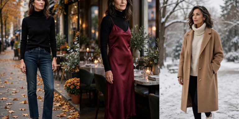How to wear a turtleneck over 50 collage: black turtleneck with jeans, layered under slip dress, oversized with coat