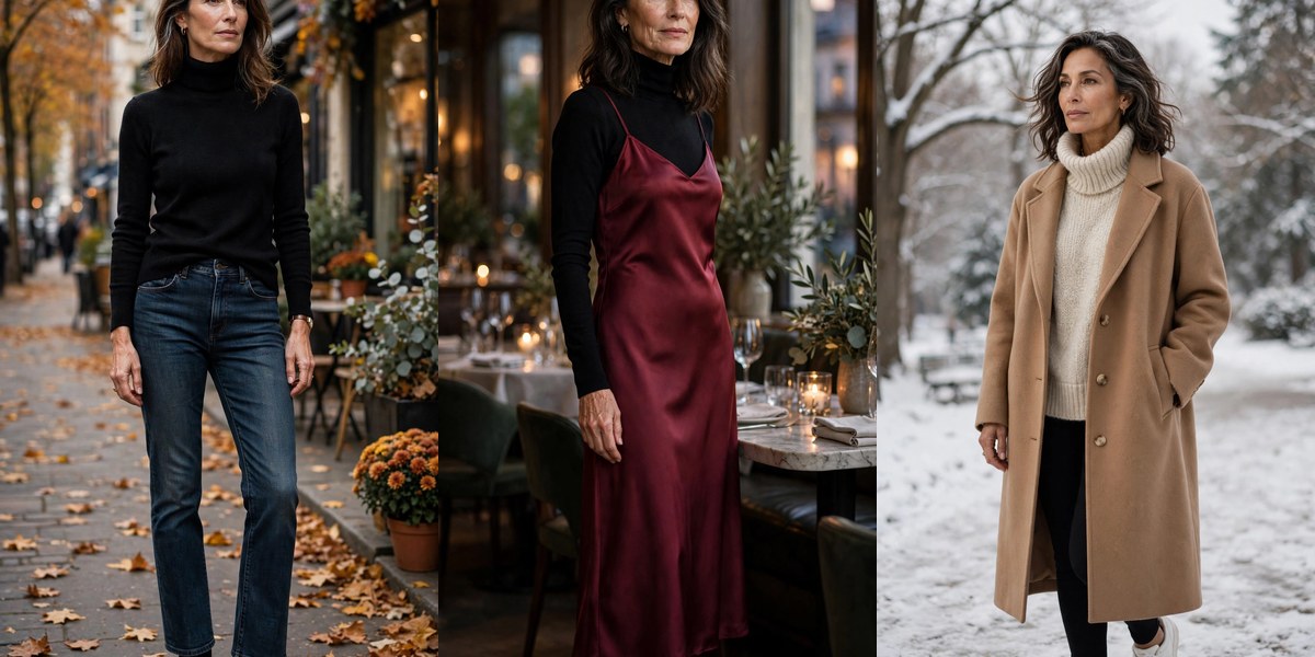 How to wear a turtleneck over 50 collage: black turtleneck with jeans, layered under slip dress, oversized with coat