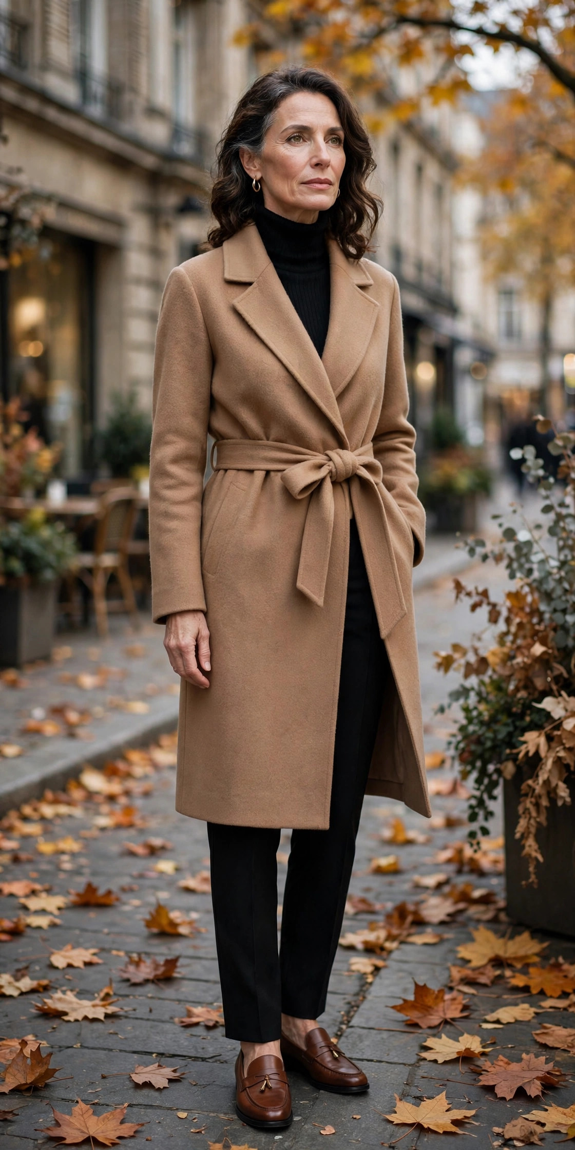 Woman over 50 in a camel wrap coat with tie belt over black turtleneck and trousers