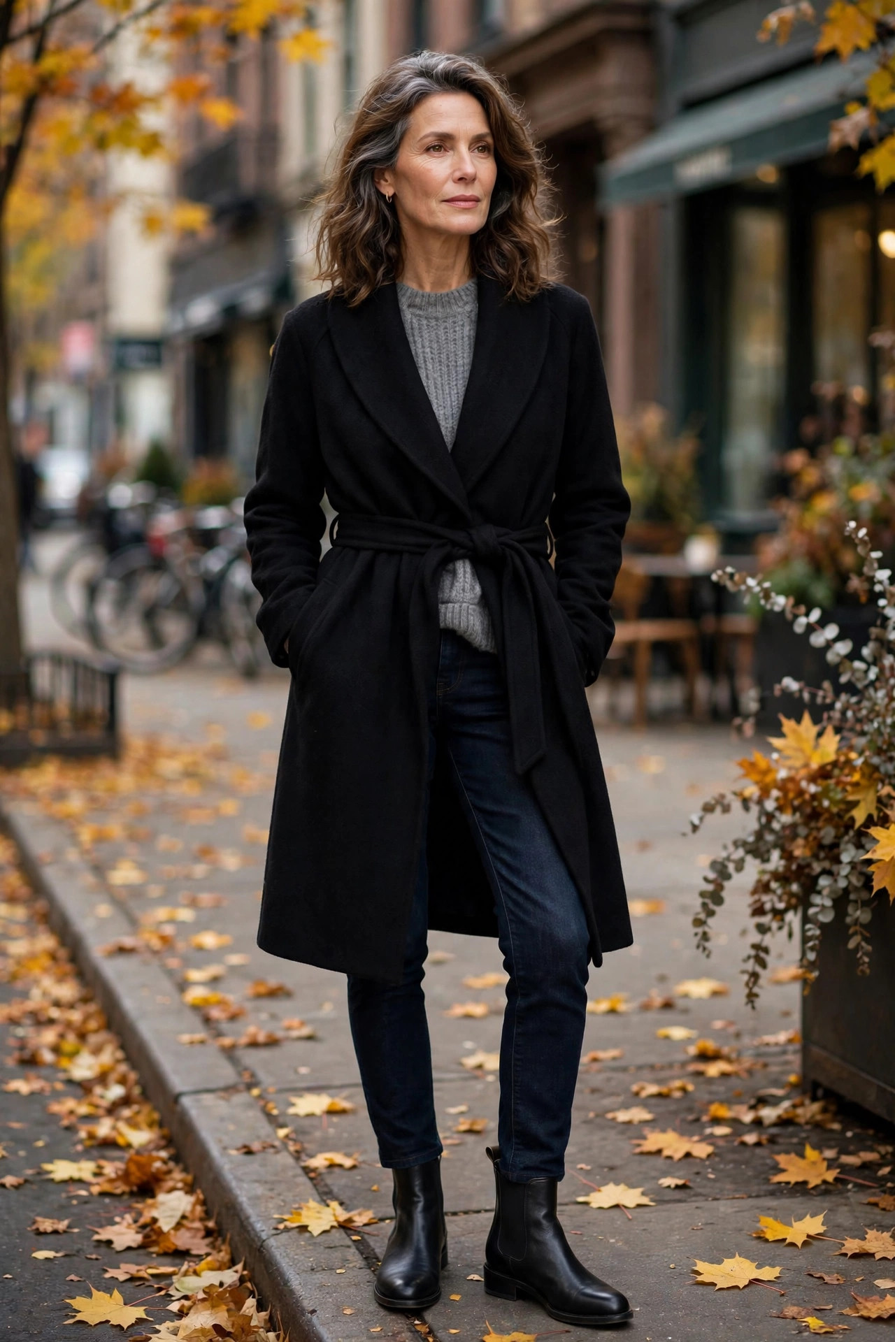 Black wrap coat with belt over a gray knit sweater, dark jeans and ankle boots