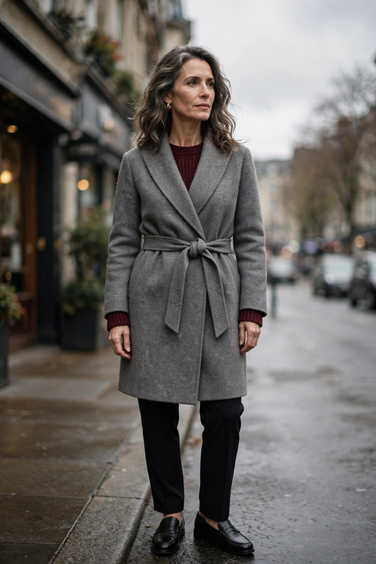 Gray wrap coat with tie belt over a burgundy knit top and black trousers