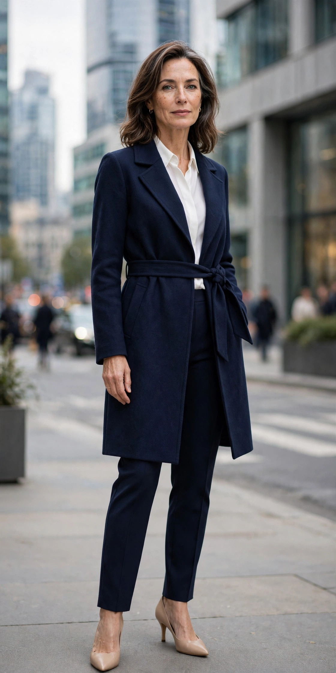 Navy wrap coat with belt over a white blouse and navy trousers with nude pumps, office