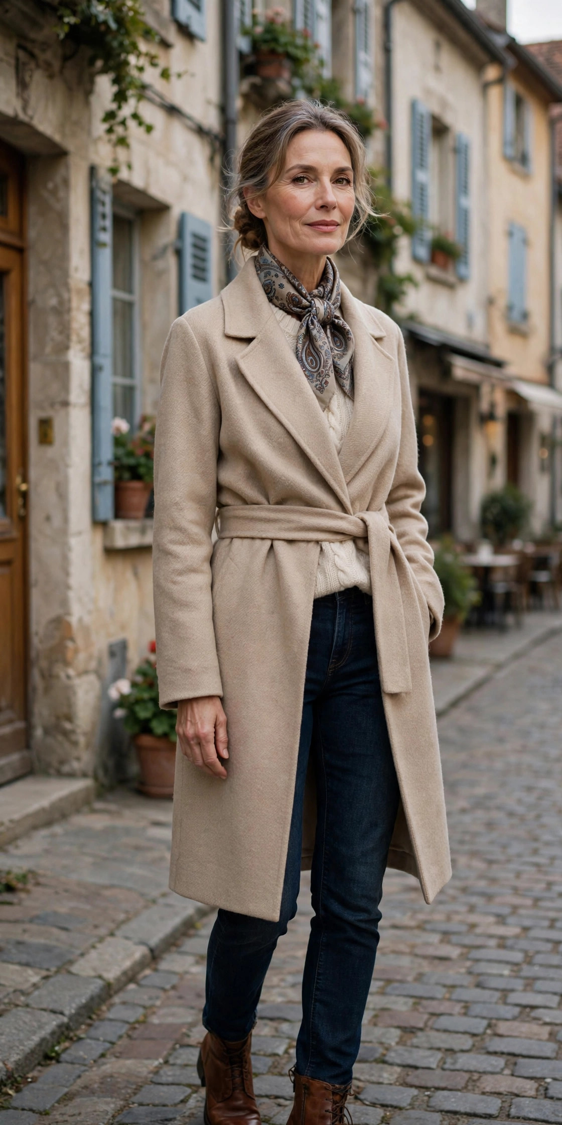 Beige wrap coat with silk scarf over cream sweater, dark jeans and brown boots