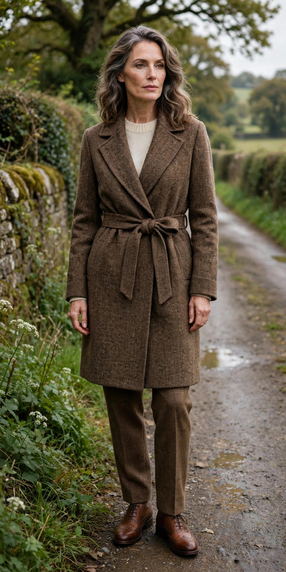Brown tweed wrap coat with belt over cream knit, brown trousers and brogues