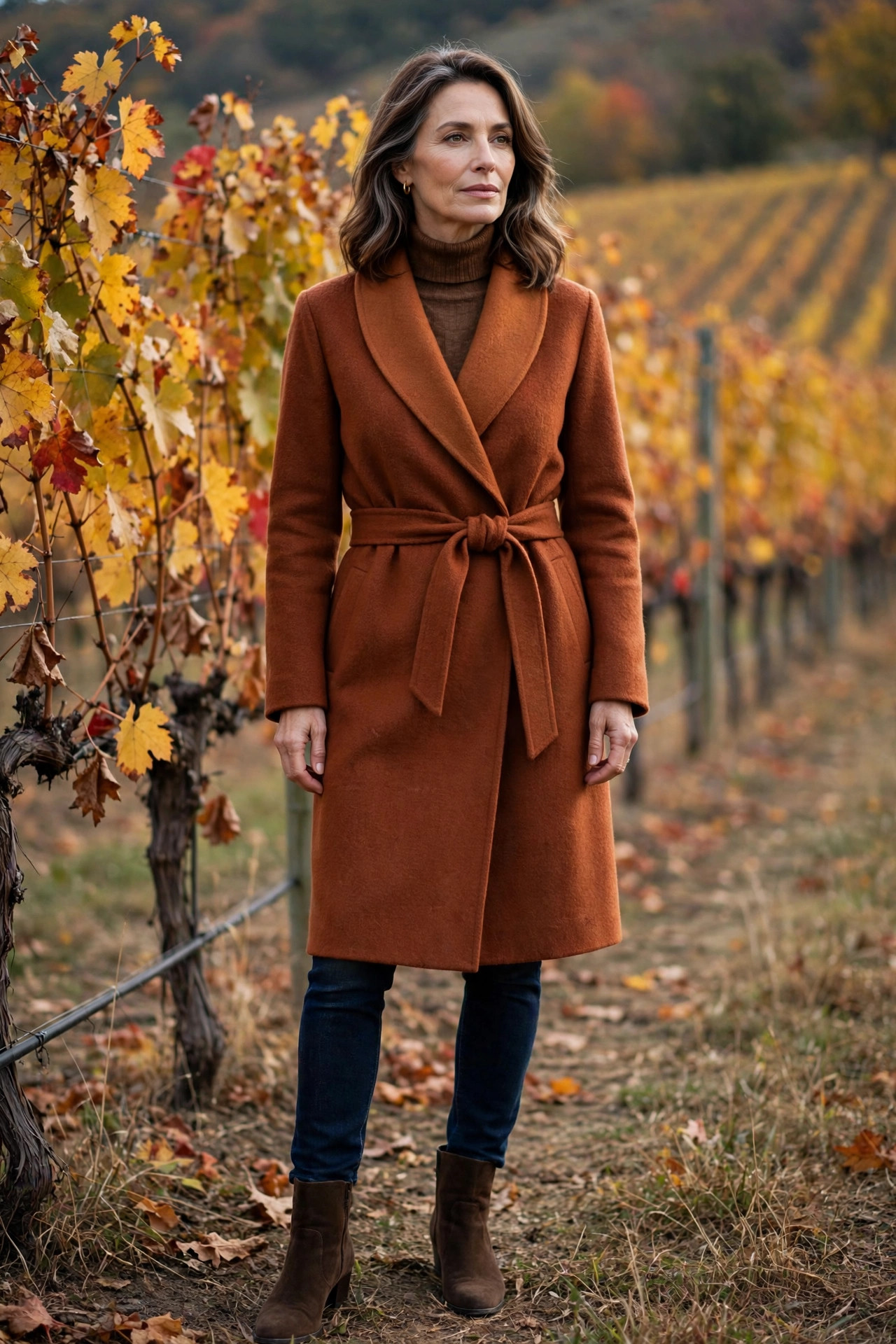 Rust wrap coat with tie belt over brown turtleneck, dark jeans and suede boots
