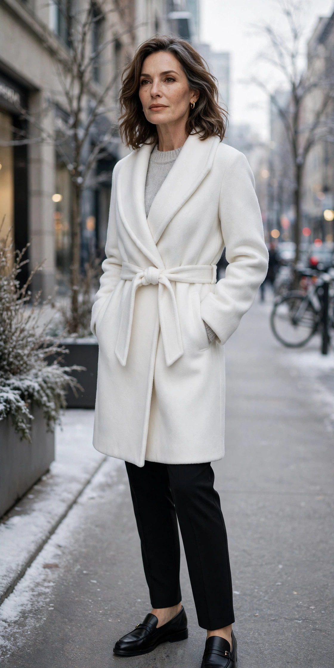 White wrap coat with belt over gray knit sweater, black trousers and loafers