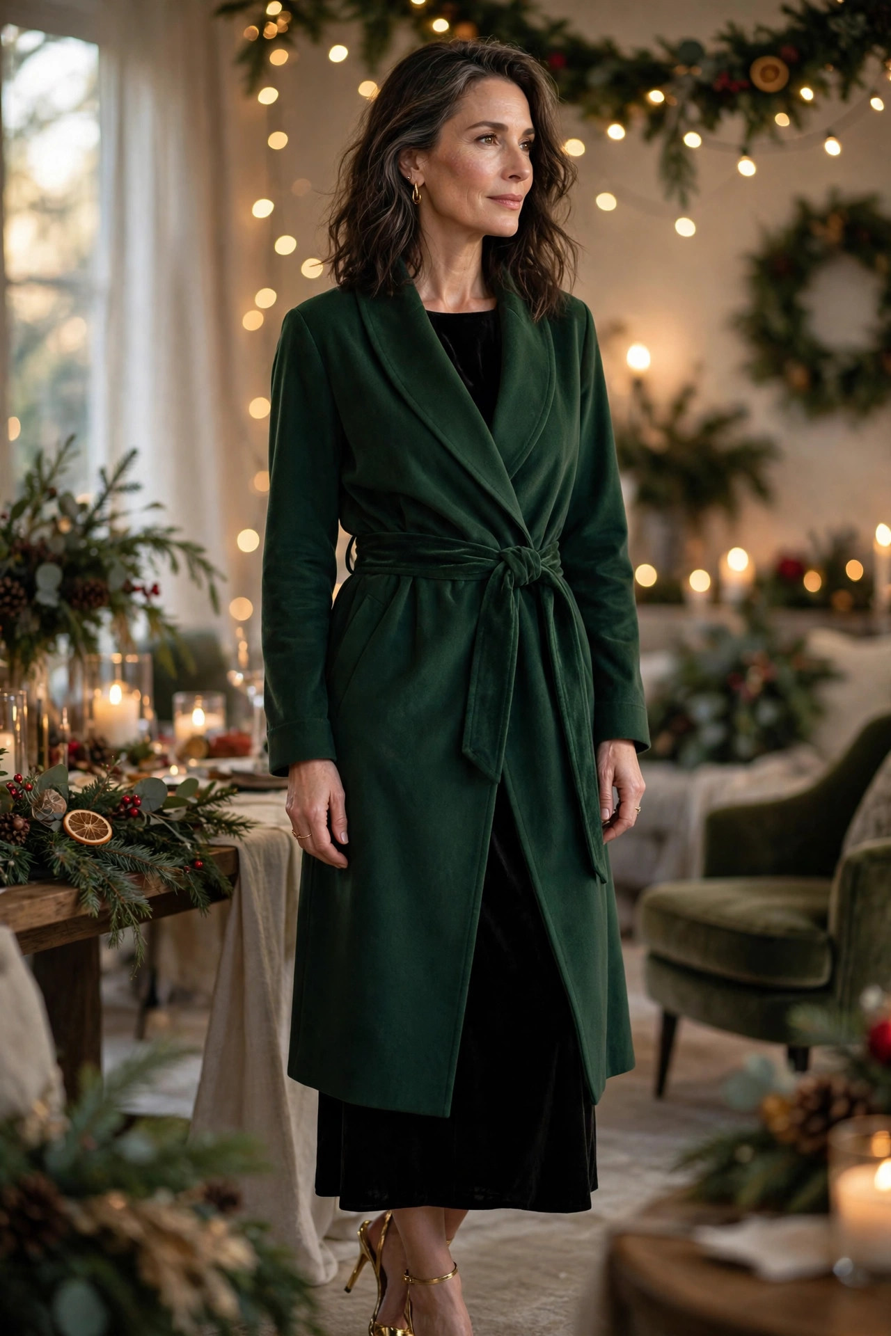 Deep green wrap coat with belt over black velvet midi dress and gold heels, holiday
