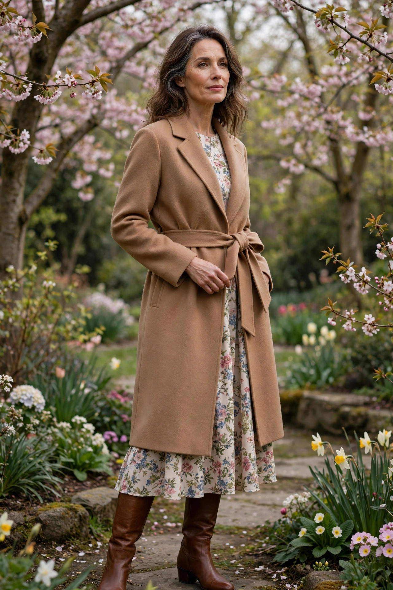 Camel wrap coat with belt over a floral midi dress with brown knee boots