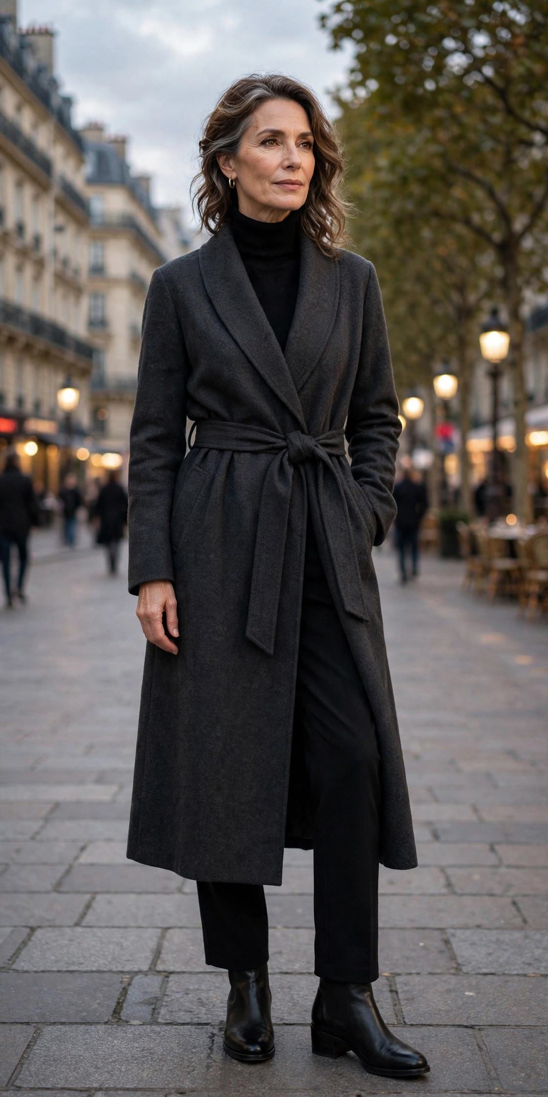 Long charcoal wrap coat with tie belt over black turtleneck and black trousers