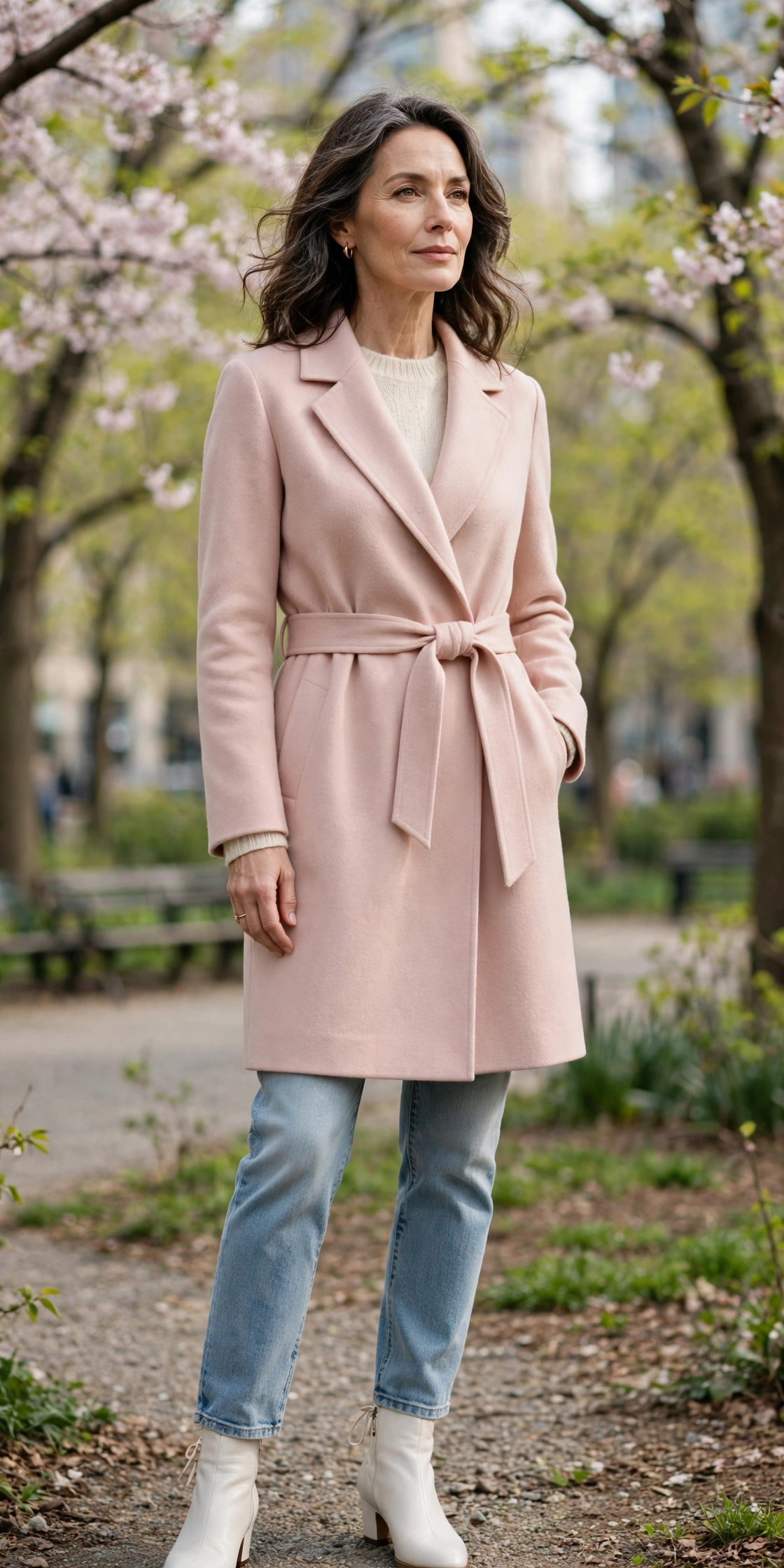 Blush pink wrap coat with belt over cream sweater, light jeans and white boots