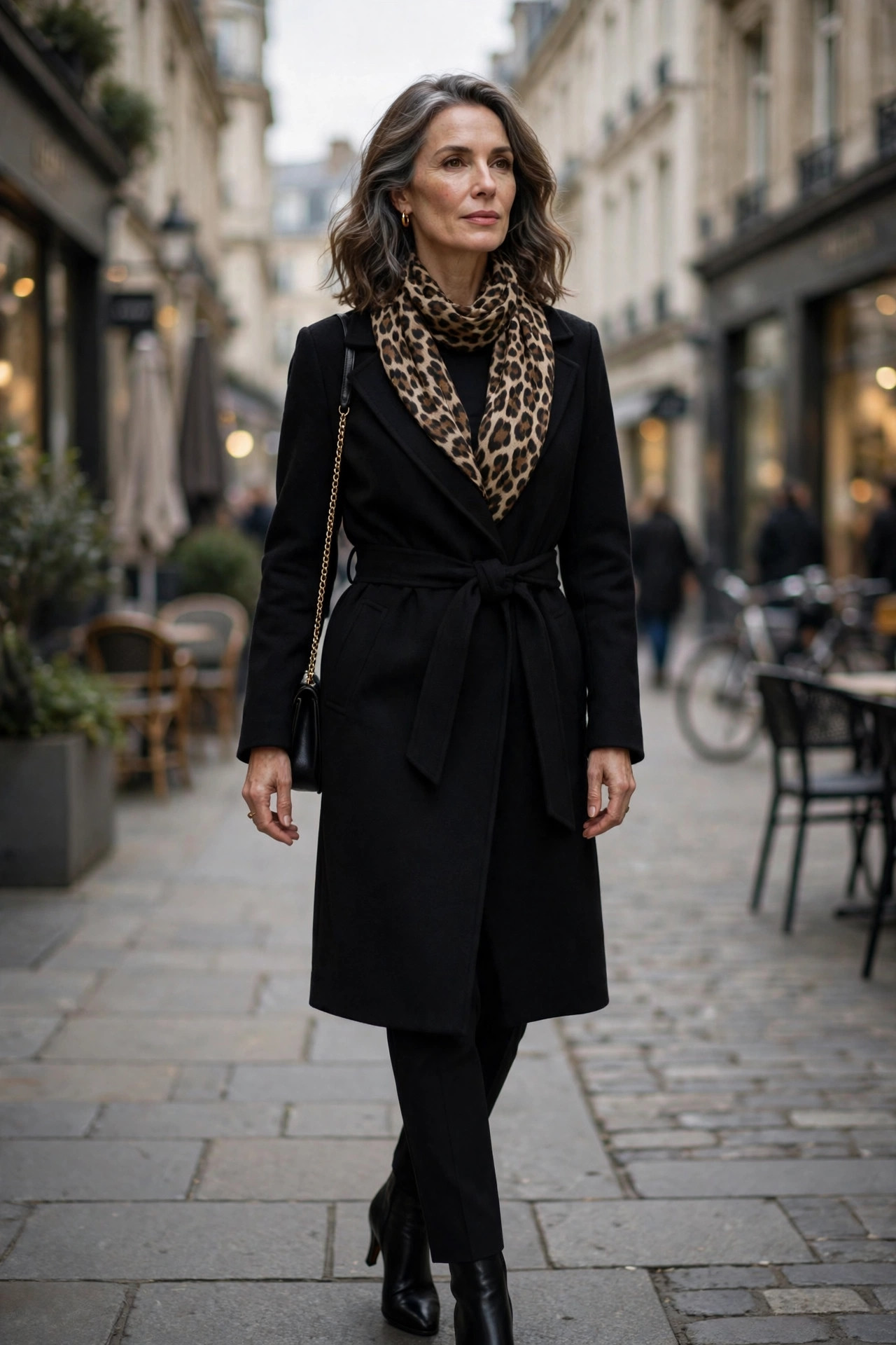 Black wrap coat with leopard-print scarf over black top and trousers with boots