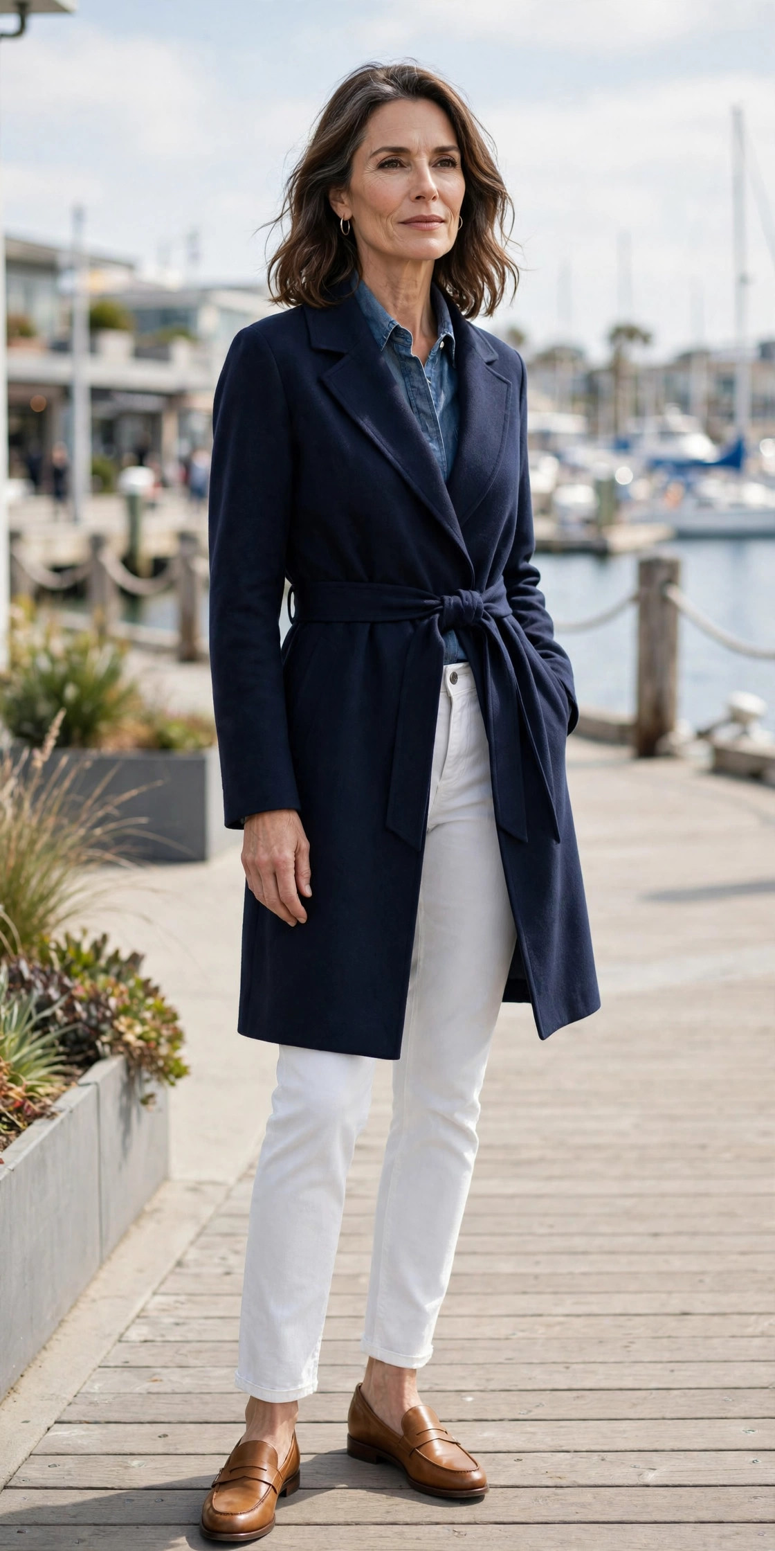 Navy wrap coat with belt over chambray shirt, white jeans and tan loafers, harbor