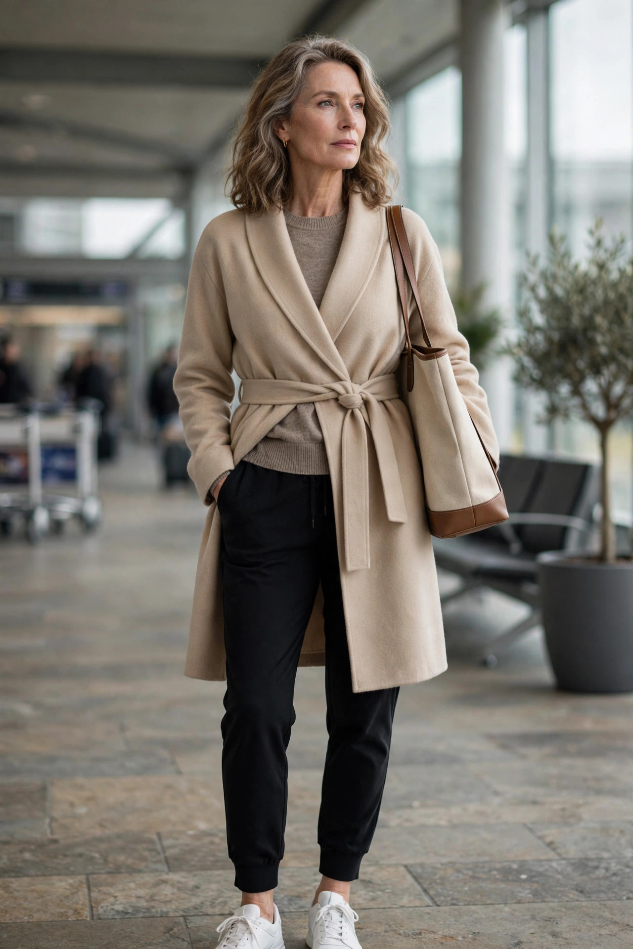 Beige wrap coat with belt over taupe knit, black joggers and sneakers with tote, travel