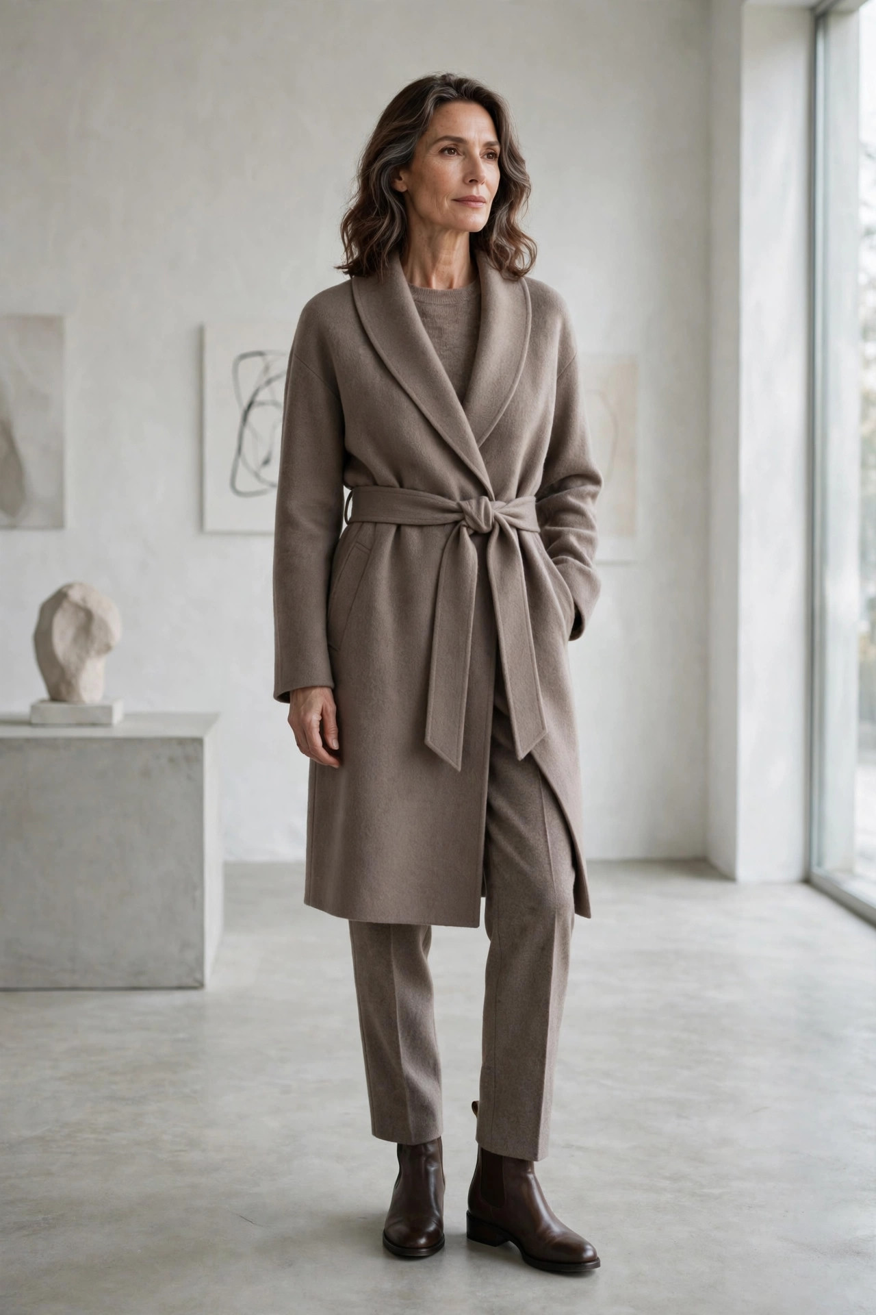 Taupe wrap coat with belt over taupe cashmere sweater and taupe wool trousers