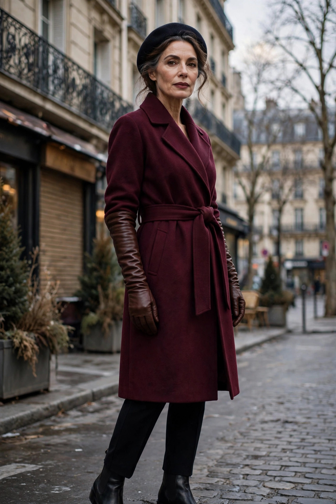 Burgundy wrap coat with belt, leather gloves and beret over black trousers and boots