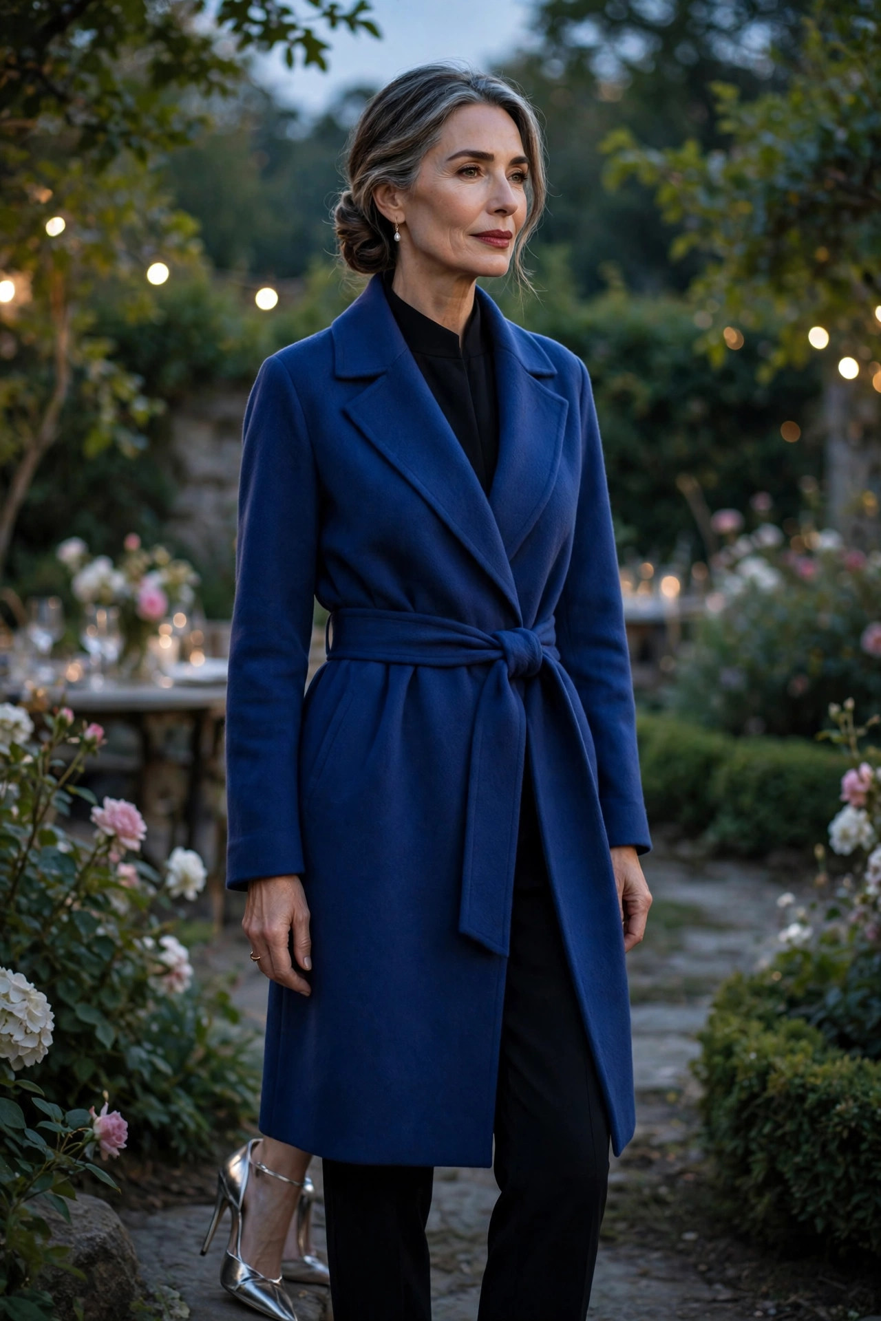 Sapphire blue wrap coat with belt over a black jumpsuit with silver heels, evening