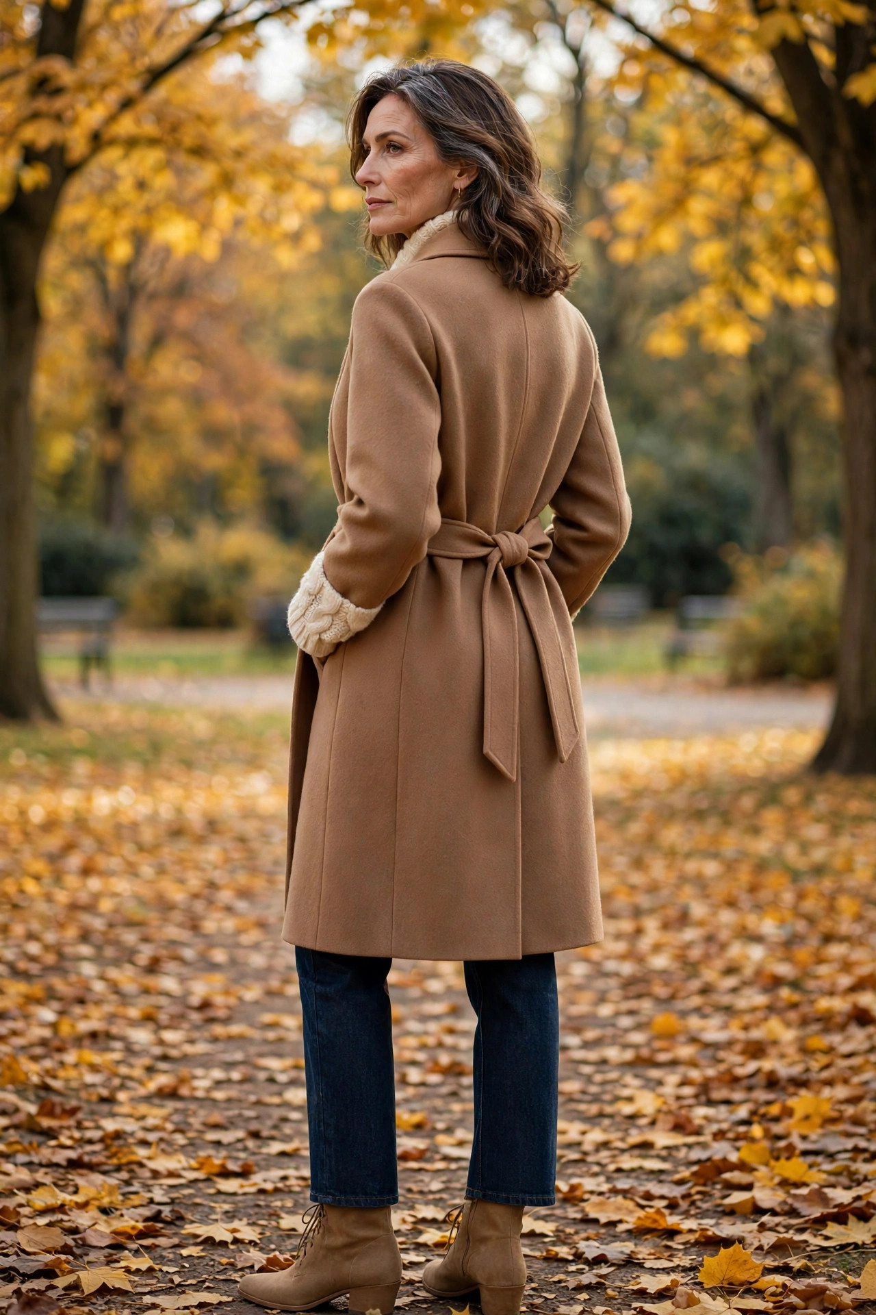 Camel wrap coat with belt knotted at the back over cream cable knit and dark jeans