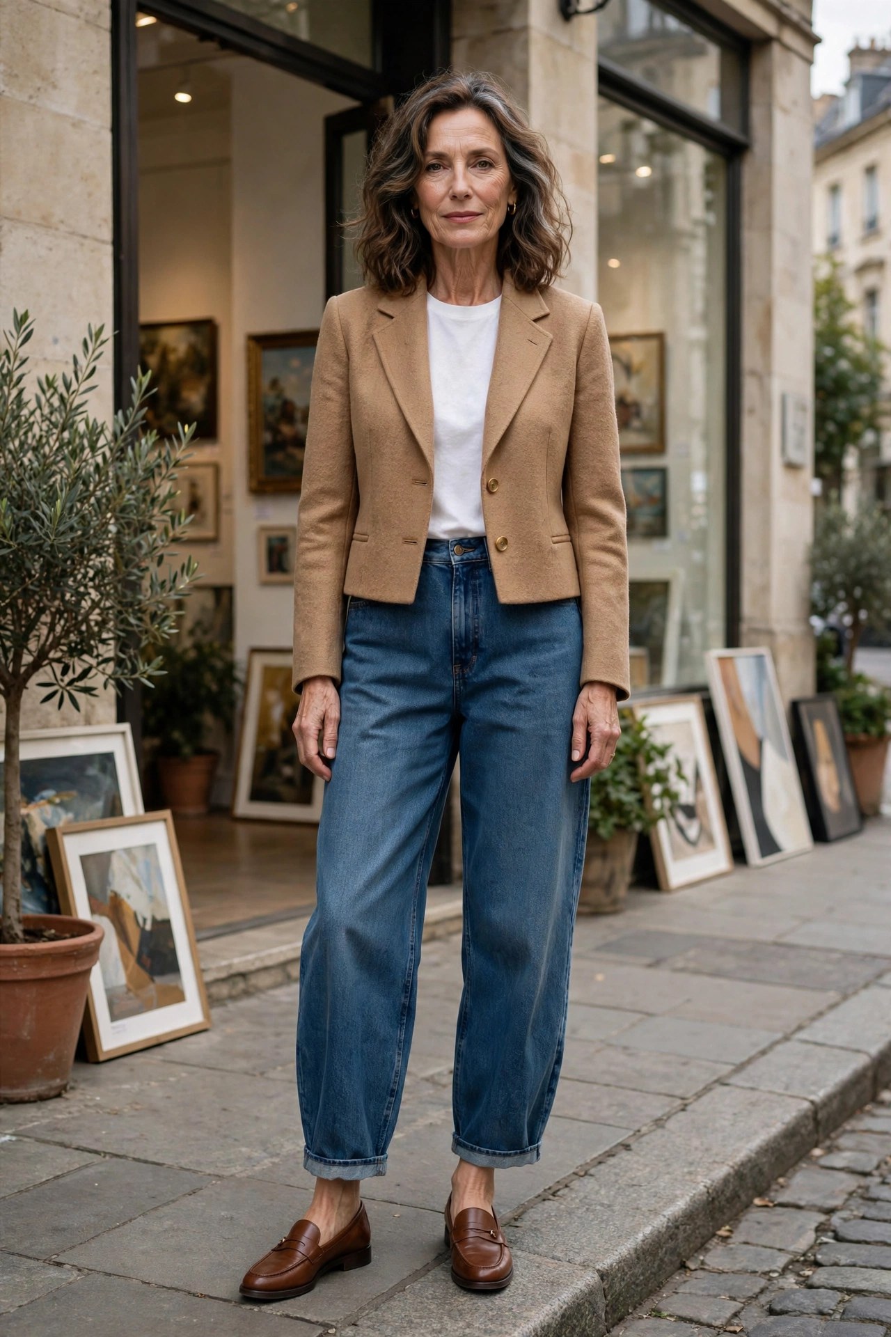 Woman in her 50s wearing barrel-leg jeans with a cropped camel blazer and brown loafers