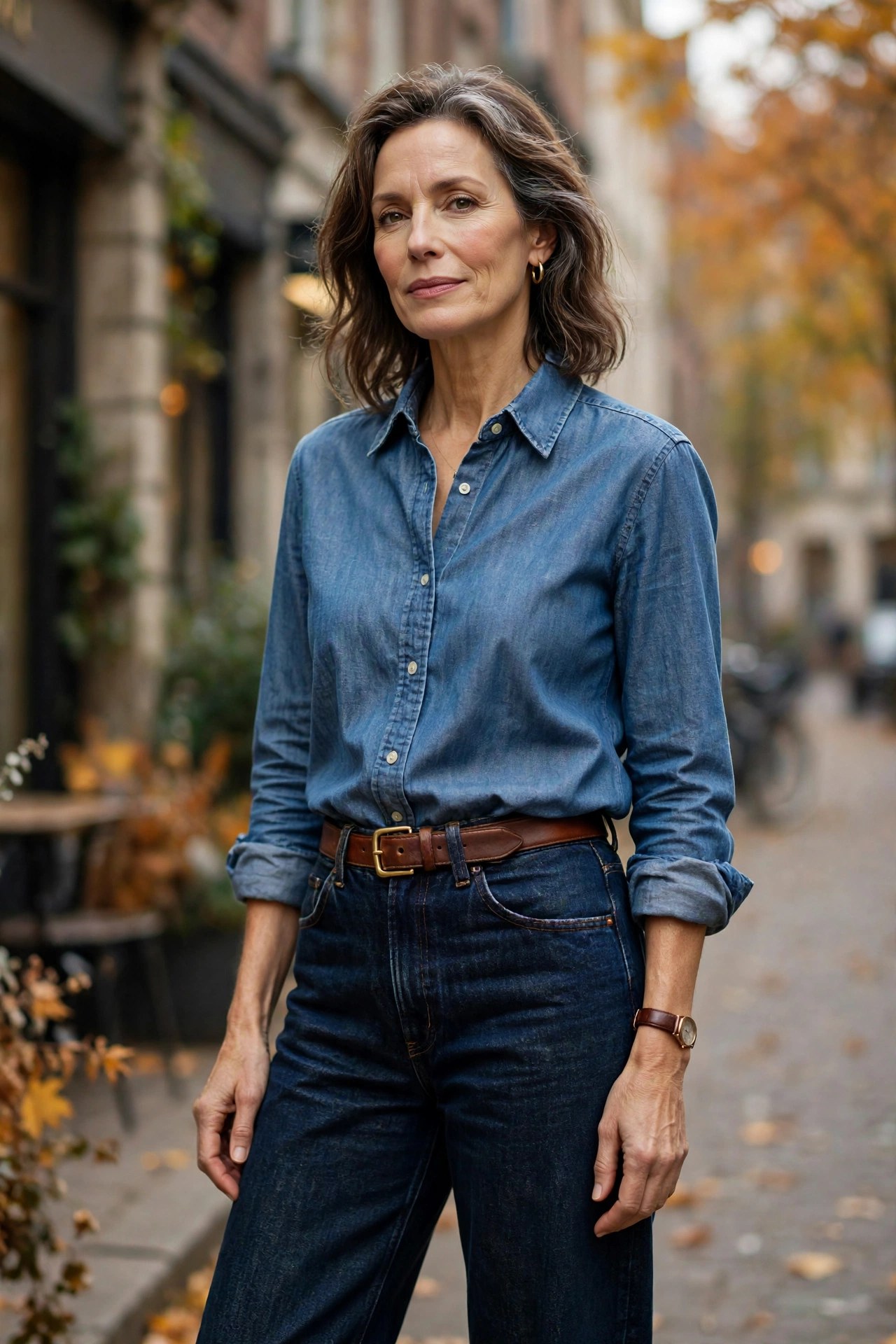 Woman in her 50s wearing dark barrel-leg jeans with a tucked-in chambray shirt, belt and ankle boots