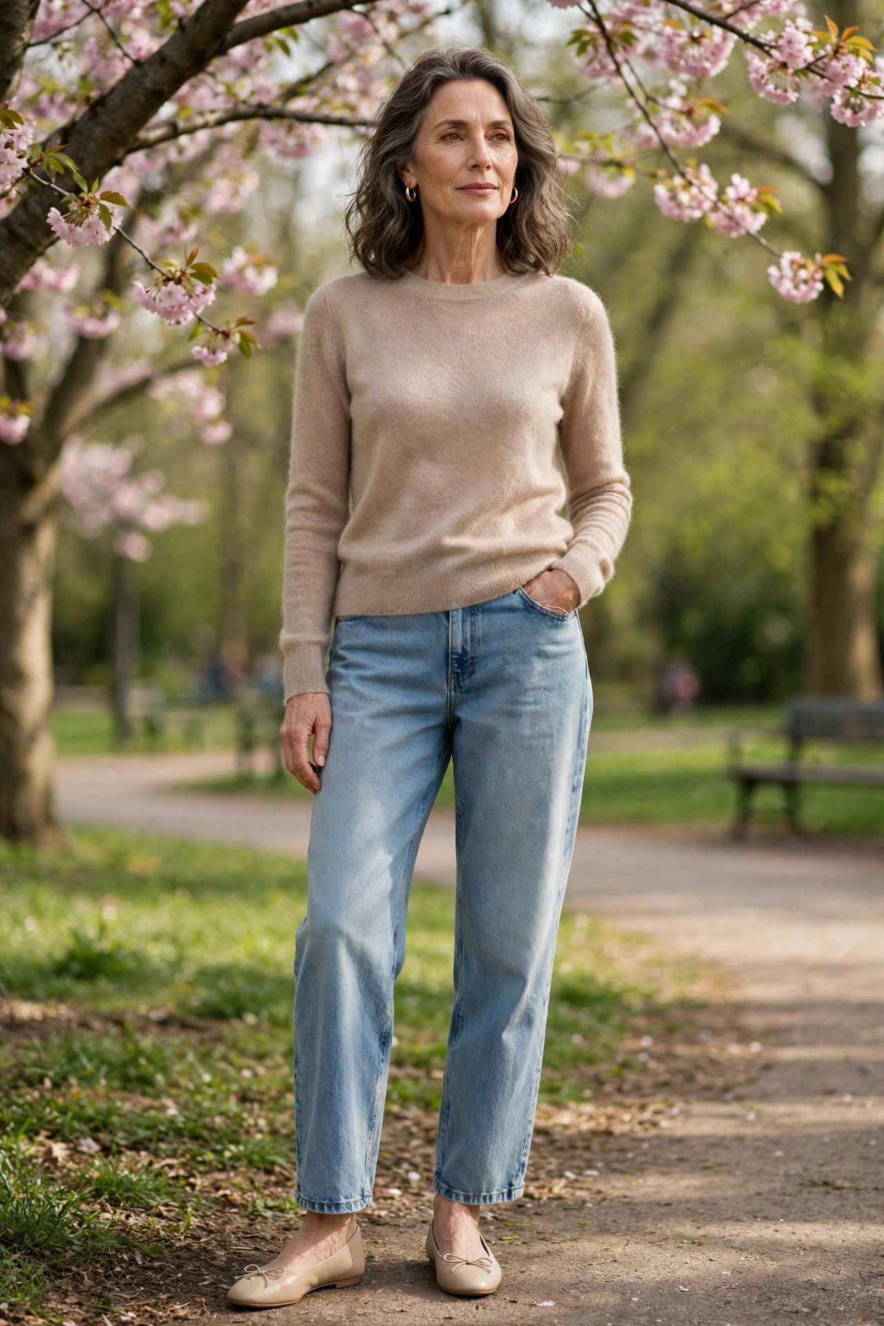 Woman in her 50s wearing light-wash barrel-leg jeans with a fine beige knit sweater and ballet flats