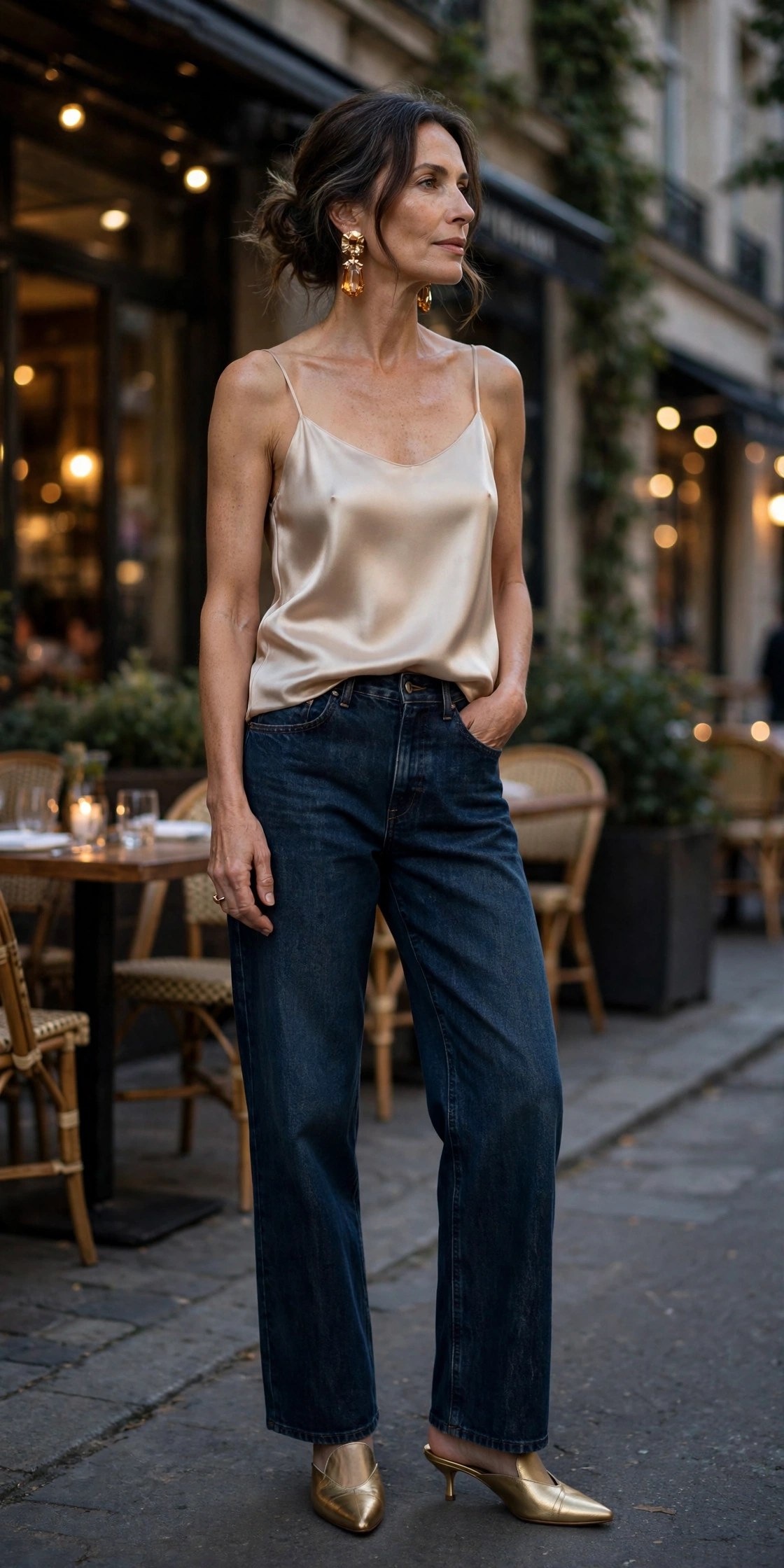 Woman in her 50s wearing dark barrel-leg jeans with a champagne silk camisole and heeled mules