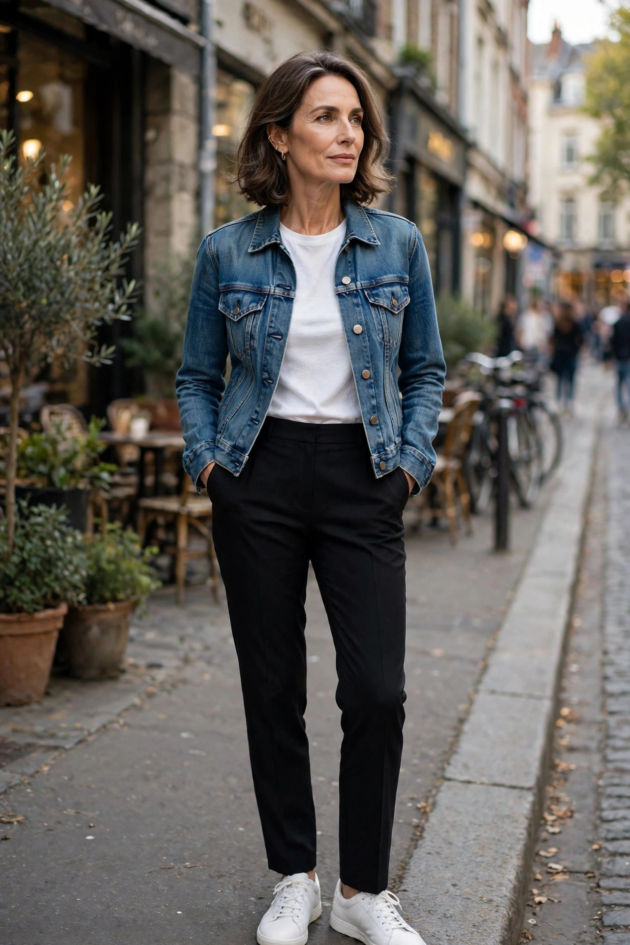 Woman in her 50s wearing black tailored trousers, a white t-shirt, white sneakers and a denim jacket
