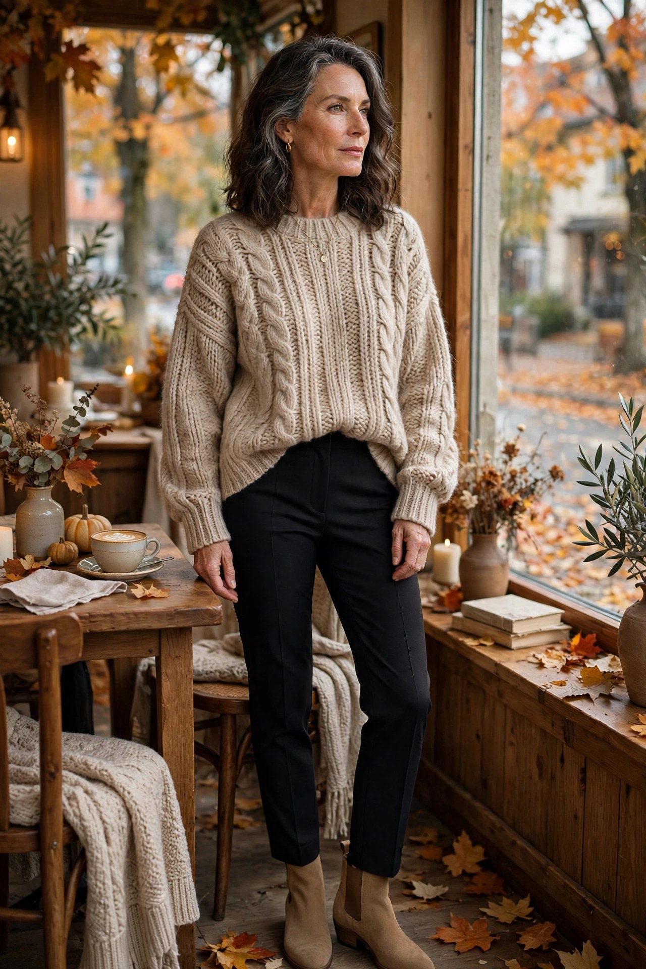 Woman in her 50s wearing black tailored trousers, an oversized beige knit sweater and tan ankle boots