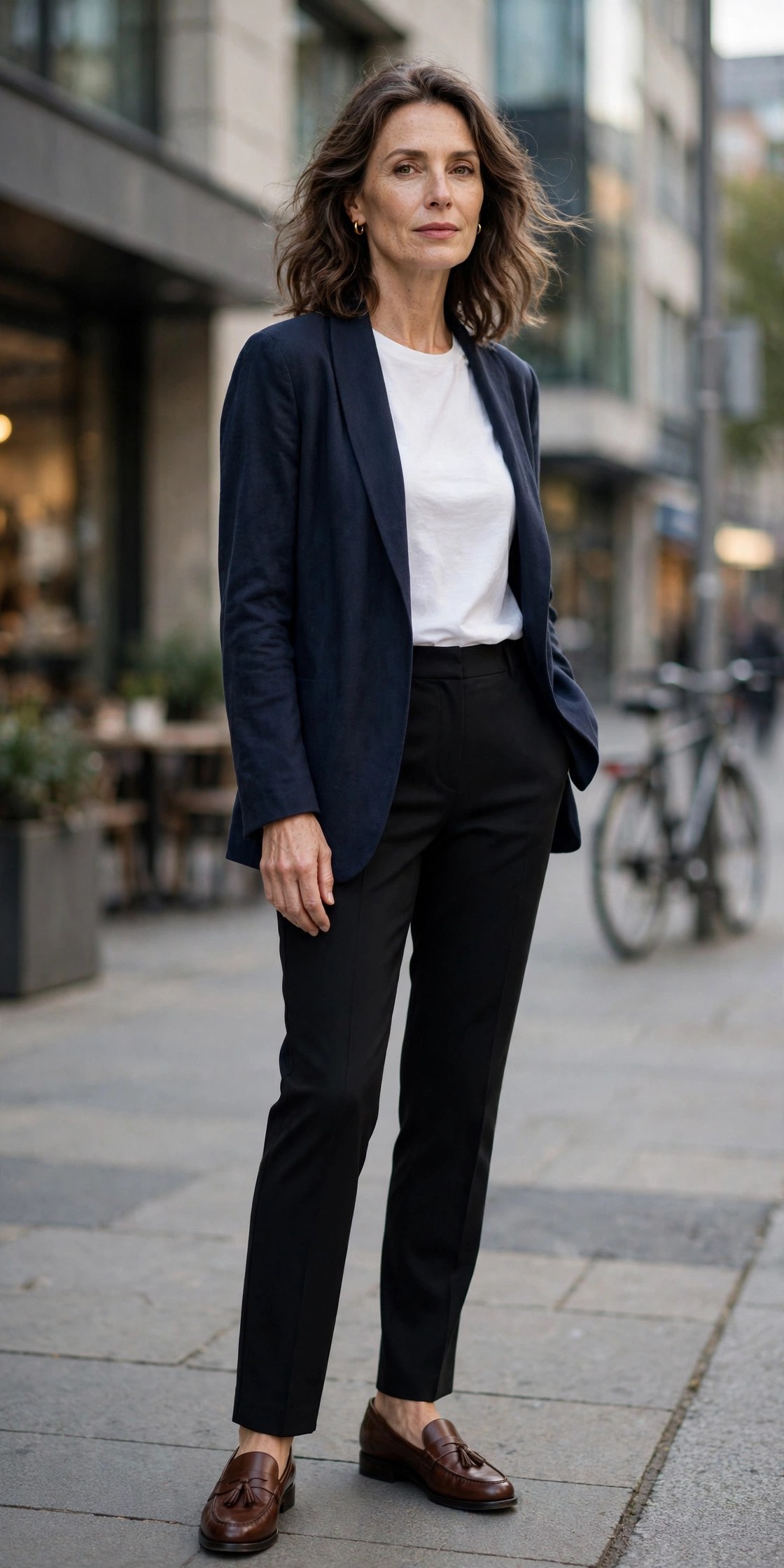 Woman in her 50s wearing black tailored trousers, a white t-shirt, navy unstructured blazer and loafers