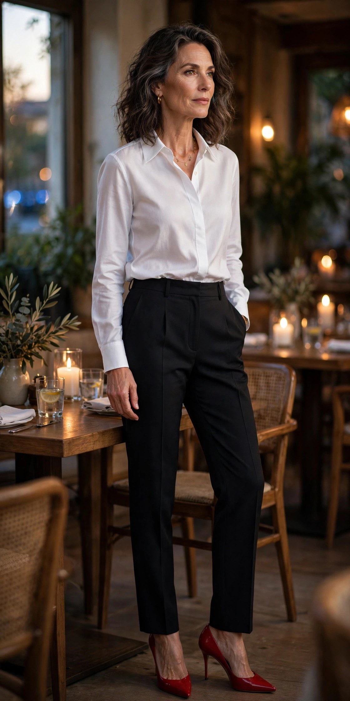 Woman in her 50s wearing black tailored trousers, a crisp white blouse and red heels at a restaurant