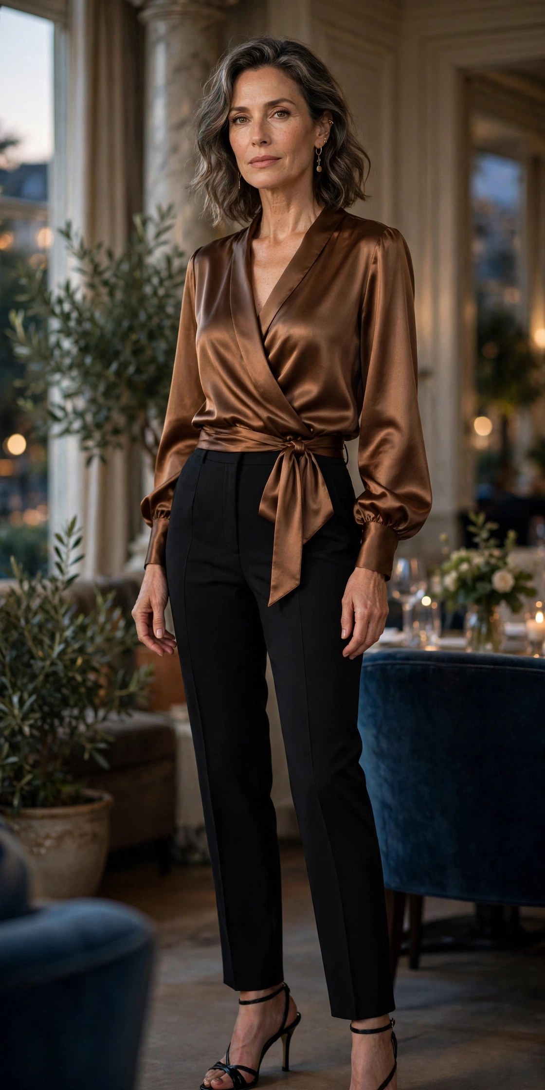 Woman in her 50s wearing black tailored trousers and a bronze satin wrap blouse in the evening