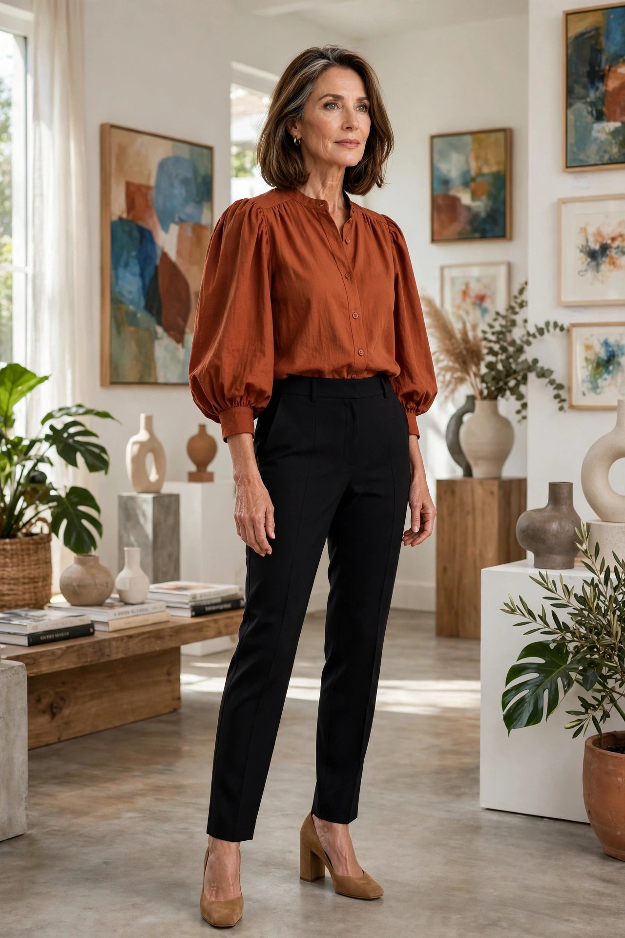 Woman in her 50s wearing black tailored trousers and a rust-colored balloon-sleeve blouse