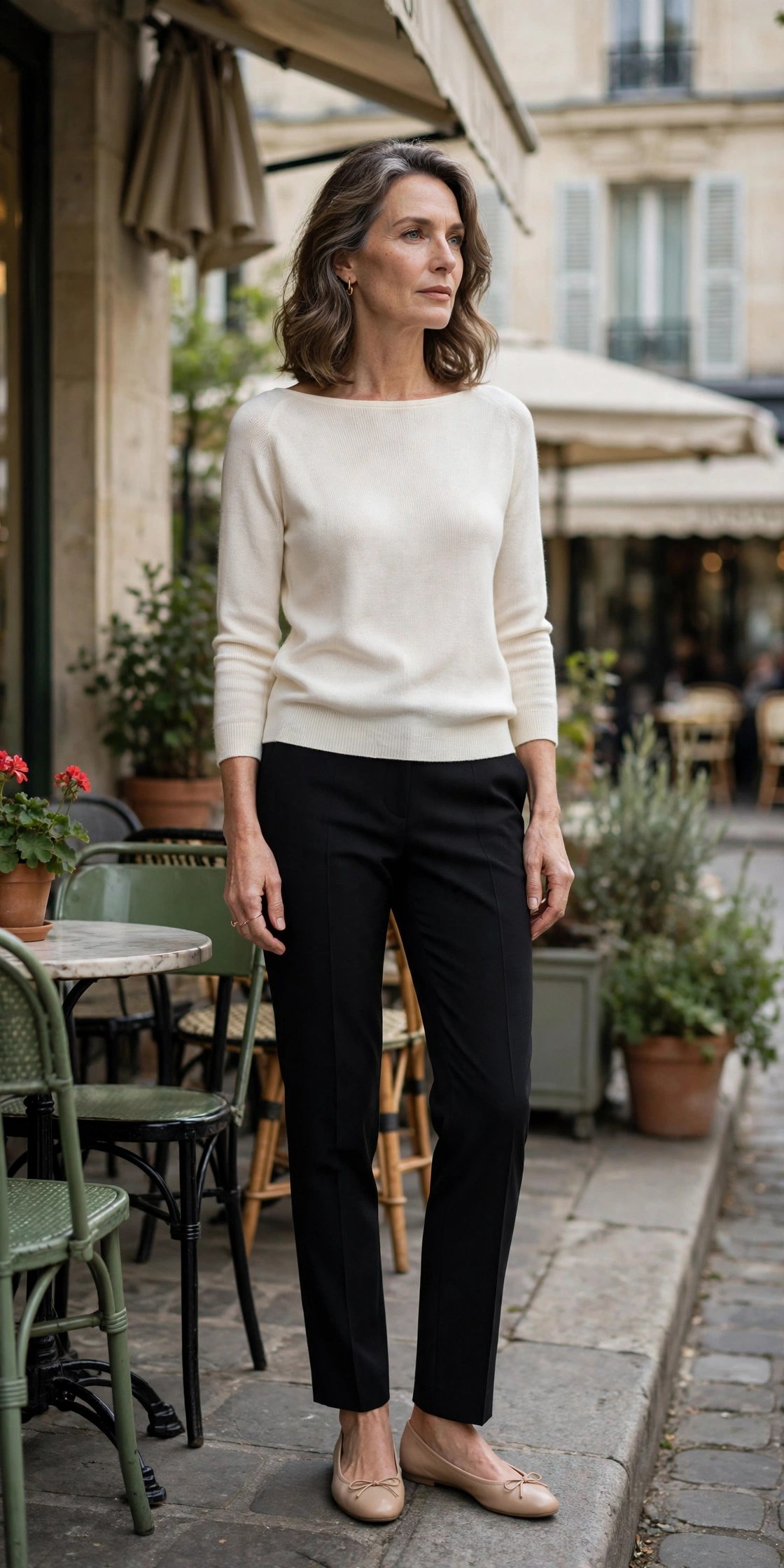 Woman in her 50s wearing black tailored trousers and an ivory boat-neck knit top