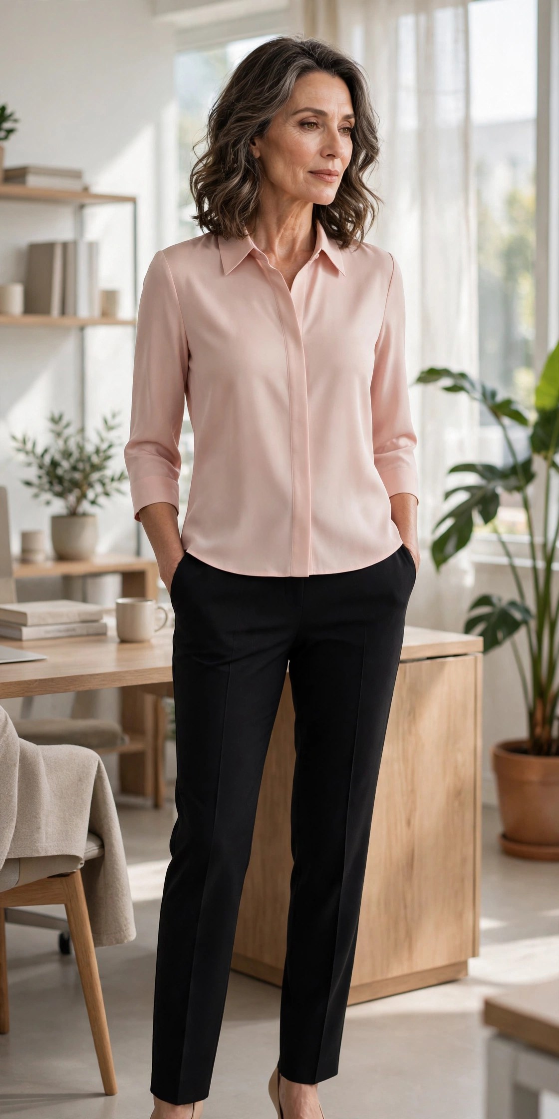 Woman in her 50s wearing black tailored trousers and a blush three-quarter sleeve blouse