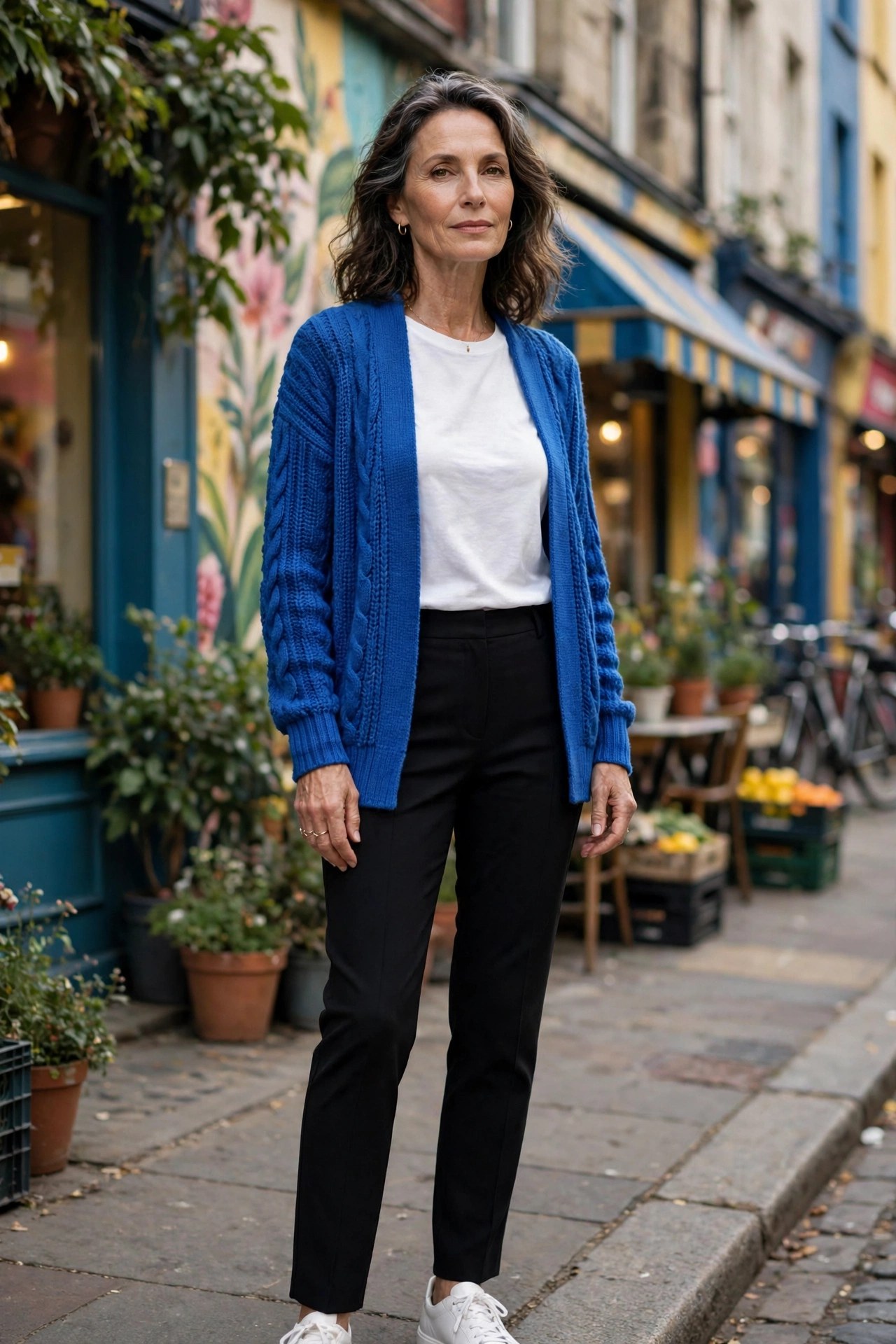 Woman in her 50s wearing black tailored trousers and a vibrant cobalt knit cardigan