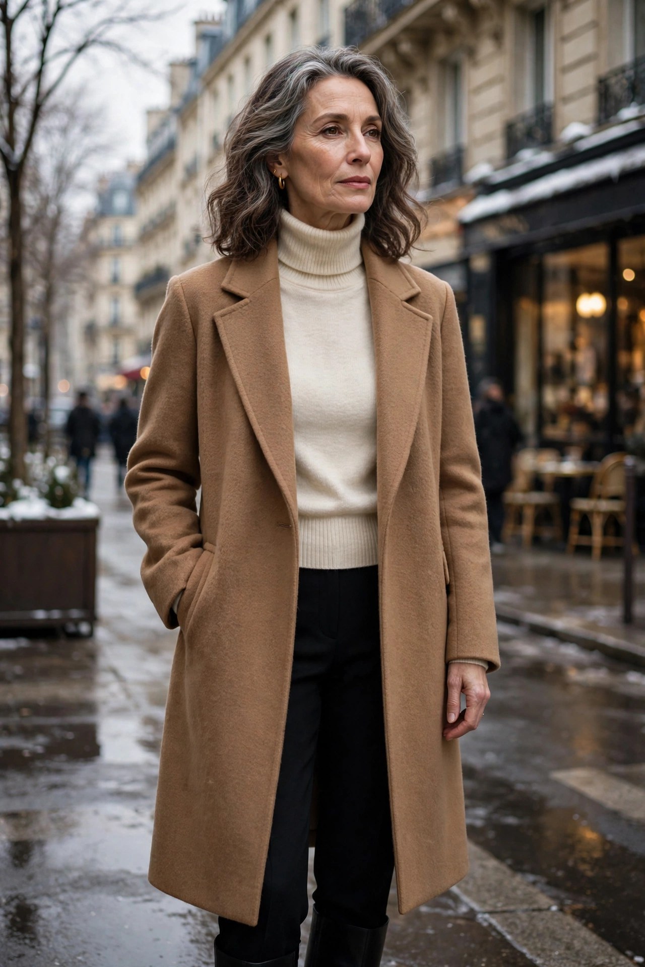 Woman in her 50s wearing black tailored trousers, a cream turtleneck and a camel coat in winter