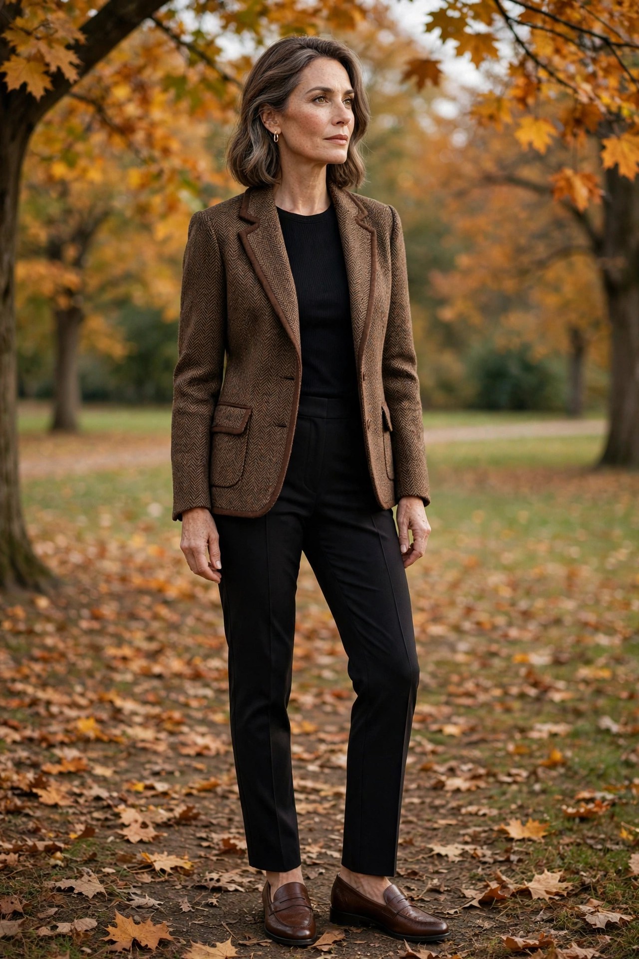 Woman in her 50s wearing black tailored trousers, a black top and a brown tweed jacket