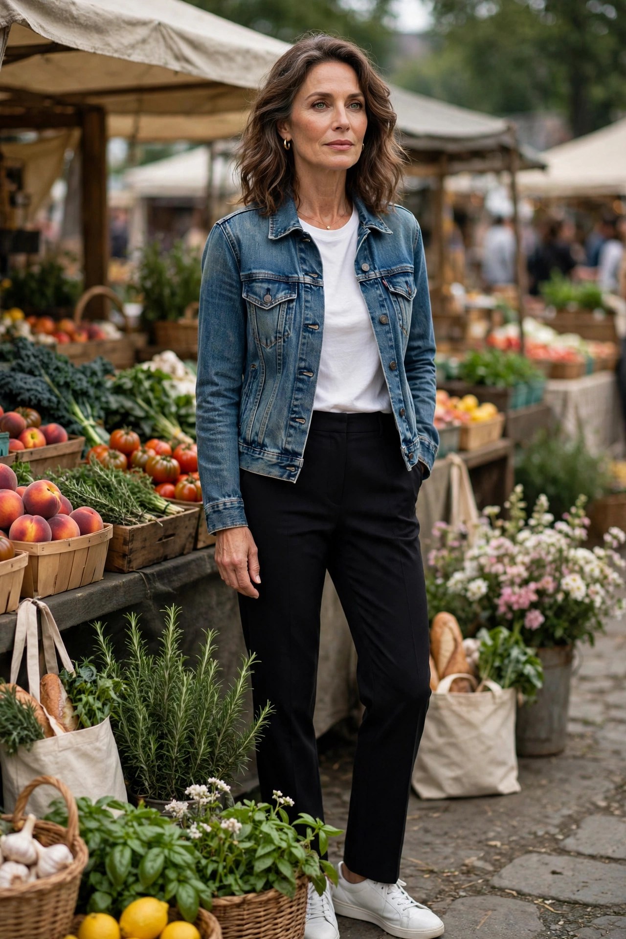 Woman in her 50s wearing black tailored trousers, a white t-shirt and a denim jacket with sneakers