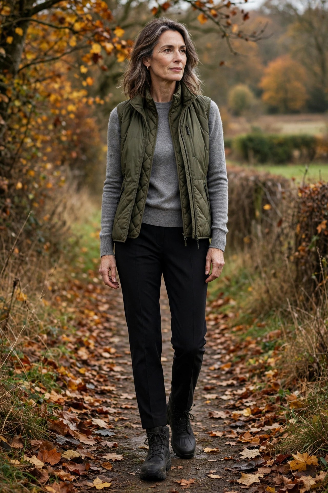 Woman in her 50s wearing black tailored trousers, a grey sweater and an olive quilted vest
