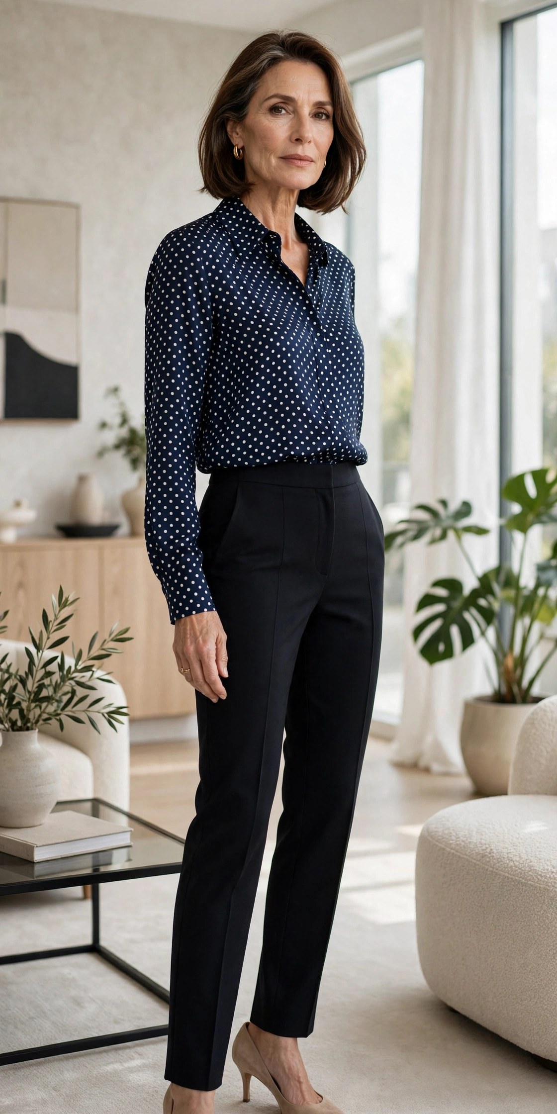 Woman in her 50s wearing black tailored trousers and a navy polka dot blouse