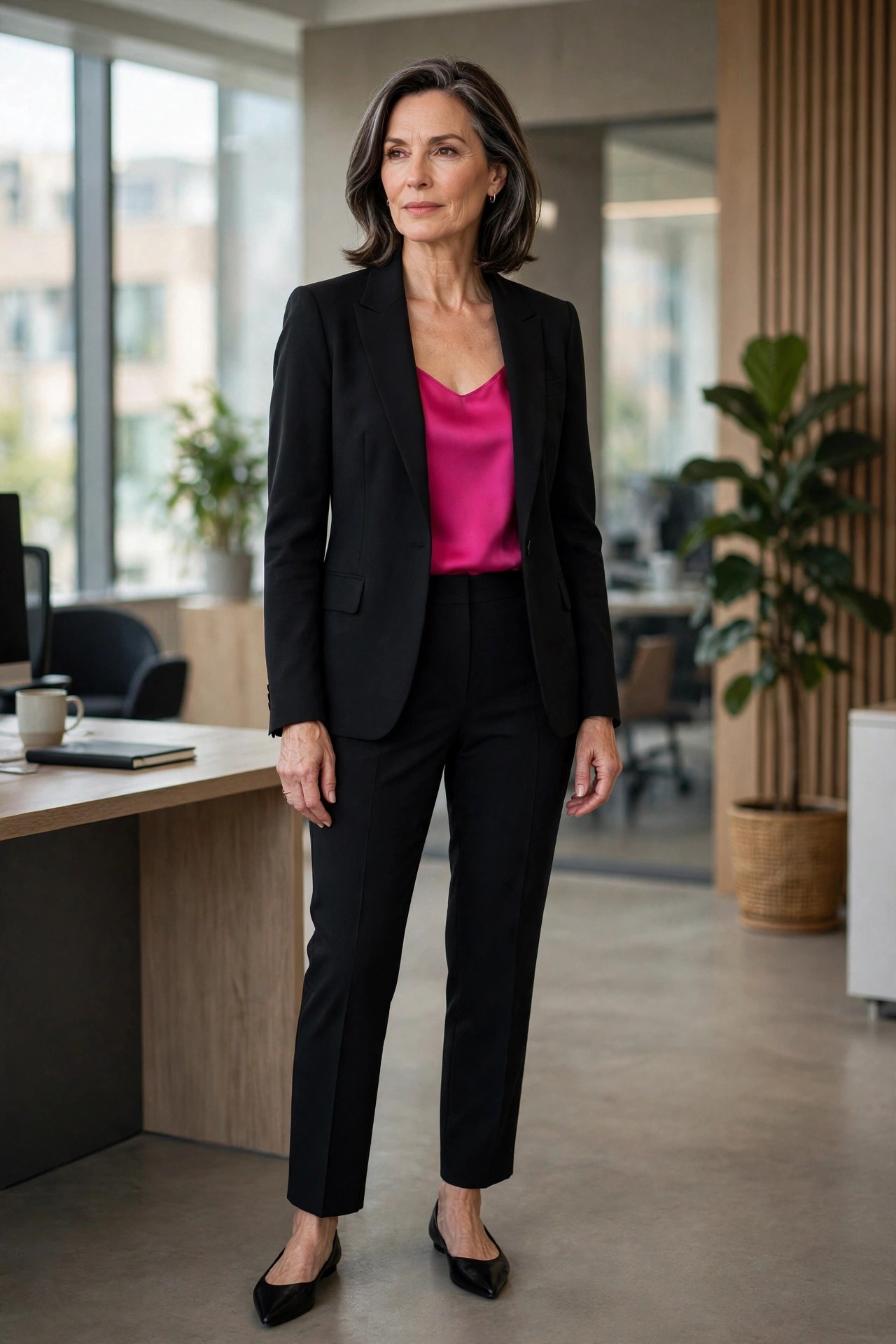 Woman in her 50s wearing black tailored trousers, a black blazer and a fuchsia top at the office