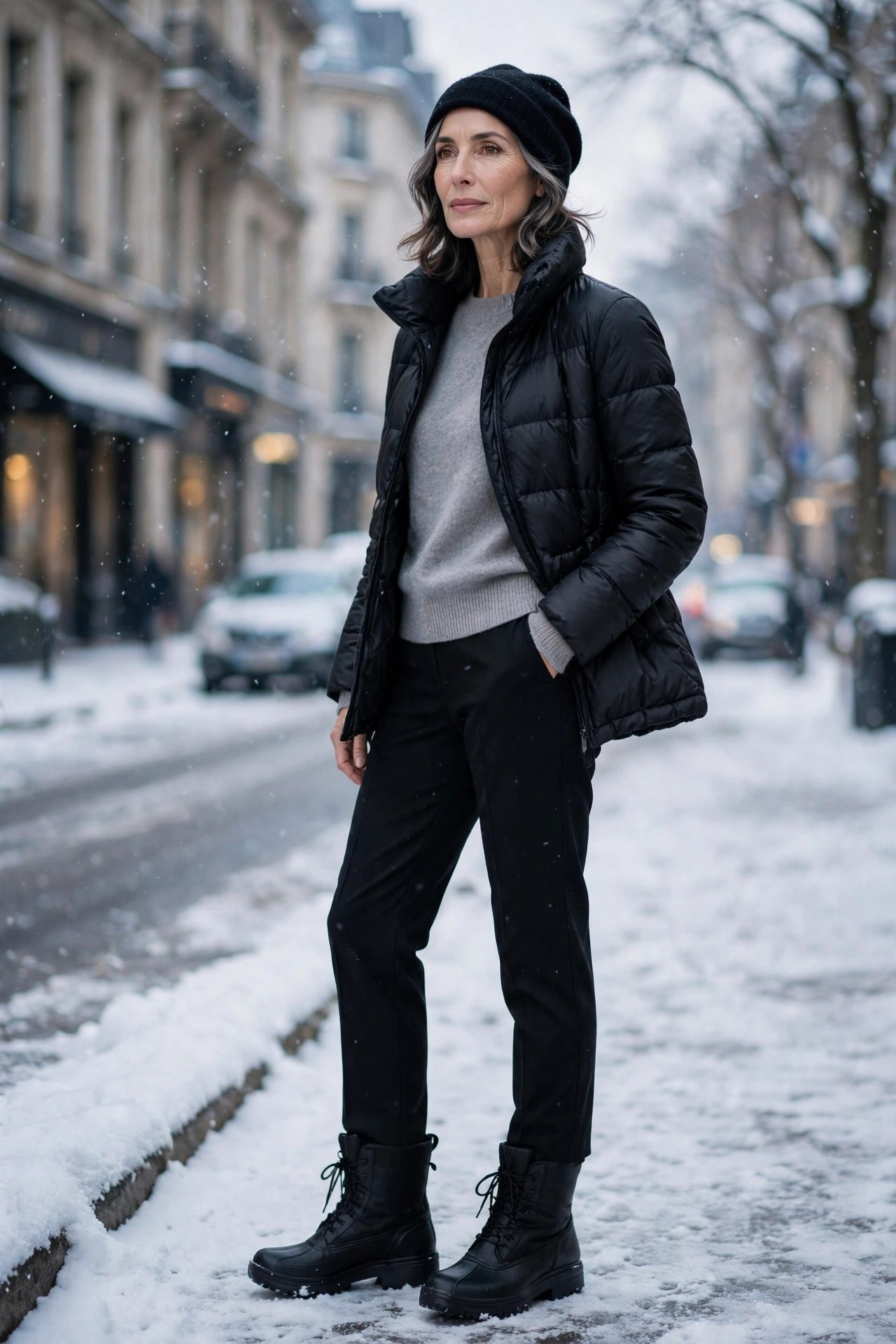 Woman in her 50s wearing black tailored trousers, a black puffer jacket and winter boots in snow