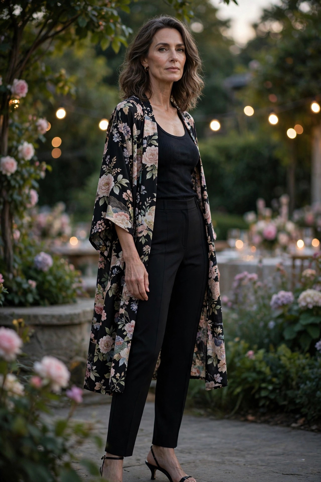 Woman in her 50s wearing black tailored trousers, a black tank and a floral kimono duster in the evening