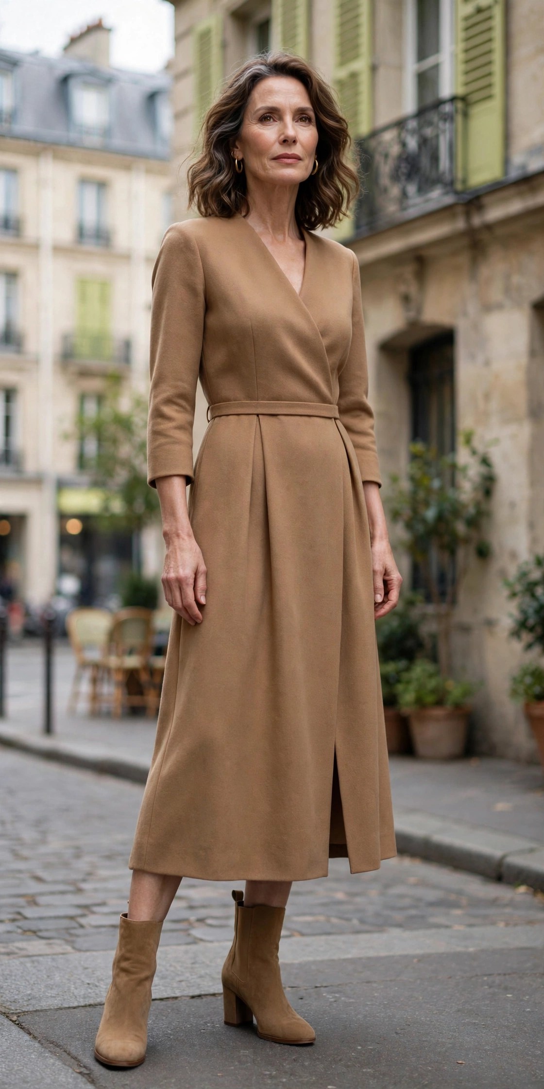 Woman in her 50s wearing a camel midi dress and tan ankle boots with a small gap of leg showing