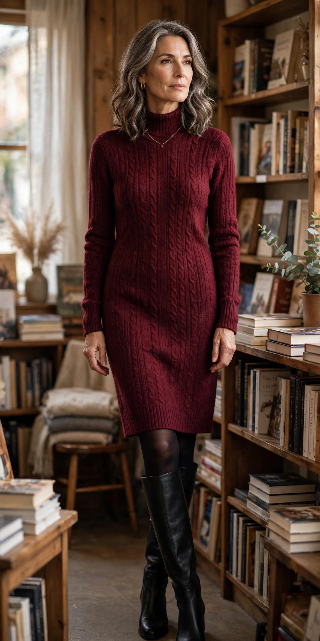Woman in her 50s wearing a burgundy sweater dress with opaque black tights and black knee-high boots