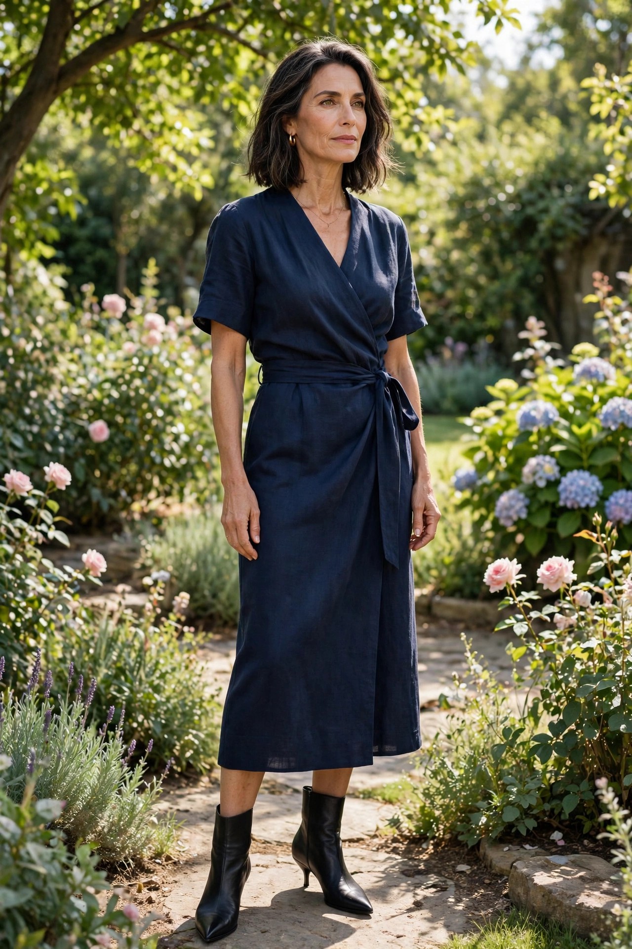 Woman in her 50s wearing a navy wrap dress and pointed black ankle boots in a garden